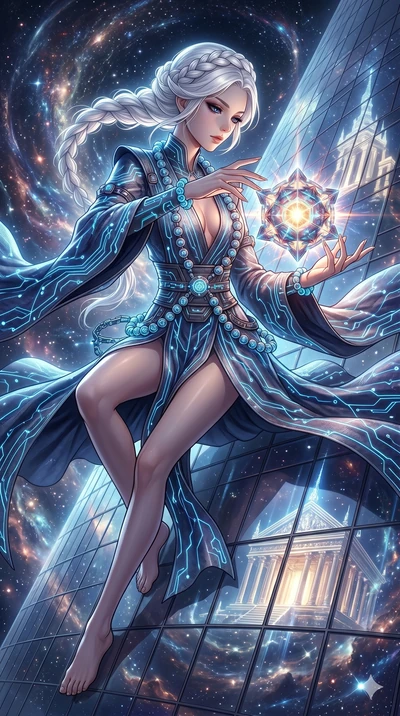 score_9, masterpiece, best quality, ultra-detailed, Set A: High-budget Anime Keyframe, Japanese woman. Low angle cowboy shot filling the entire 9:16 frame with her statuesque presence. Theme: Abstract Cosmic. sliding down a glass skyscraper in a temp