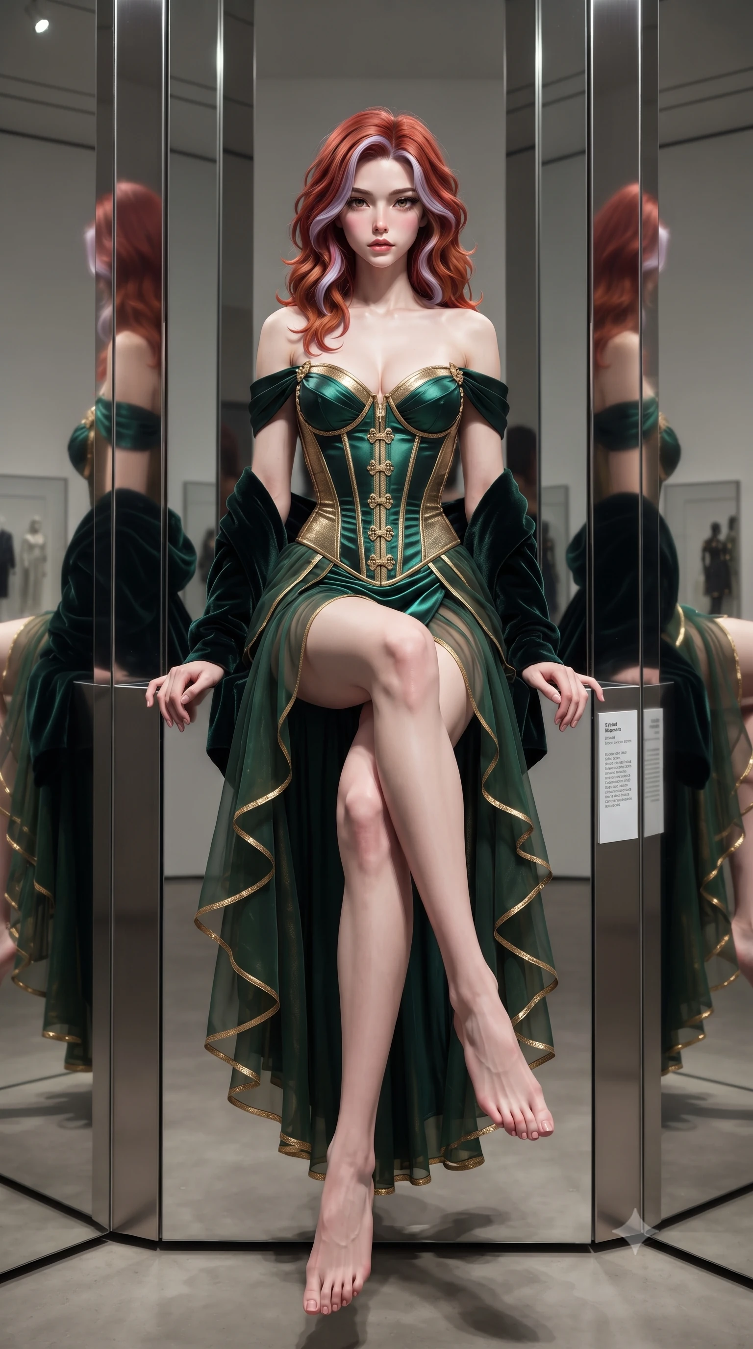 score_9, masterpiece, best quality, ultra-detailed, high-budget anime keyframe, editorial fashion photography, tasteful artistic composition, Caucasian woman. low angle full-body shot from head to toe showing her feet, filling the entire 9:16 vertical frame with her statuesque presence, stretching her vertical silhouette. sitting perched on the elevated edge with hips angled toward the camera and legs crossed, displaying her toned midriff and flawlessly sculpted slender limbs while standing poised between mirror-finished stainless steel columns, her graceful hourglass silhouette multiplied into infinite reflections. The surrounding environment is rendered in vivid detail and crisp panoramic clarity. detailed tailored dress seam lines, mirror reflection clarity, and gallery placard typography in high resolution. She has an exceptionally tall and slender model-like 8.5-heads proportion, an ultra-slim waist, a flat toned midriff, narrow delicate ribcage, and beautifully sculpted feminine hips creating a graceful, slim hourglass silhouette without any bulky heaviness, with impossibly long slender legs. sharp v-shaped jawline, high-bridge nose, intricate jewel-like eyes with depth, thick eyelashes, glossy parted lips with a natural sheen, intensely captivating and seductive bedroom-eyes expression, flawlessly proportioned anatomical accuracy, strict slender model proportions, natural body alignment, perfectly sculpted long slender limbs, ultra-slim waistline, clean dynamic posture without body distortion. wearing an off-shoulder French court corset bodice dress paired with a tiered translucent chiffon slit skirt in deep emerald green satin and gold hardware, crafted from luxurious metallic lamé that shifts radiance with every step, complemented by a plush velvet shawl draped loosely over her elbows, the precision-cut side openings and low-back scoop framing her graceful spine and the sensual sweep of her slim, toned hips. illuminated by sharp linear edge highlights defining her sculpted collarbones, ultra-slim waist, and curvy hips. ultra-reflective glossy finish, specular highlights, rich textural contrasts, high-contrast stereoscopic depth, volumetric dynamic lighting, 2k, ultra detail, master piece, 9:16 ratio