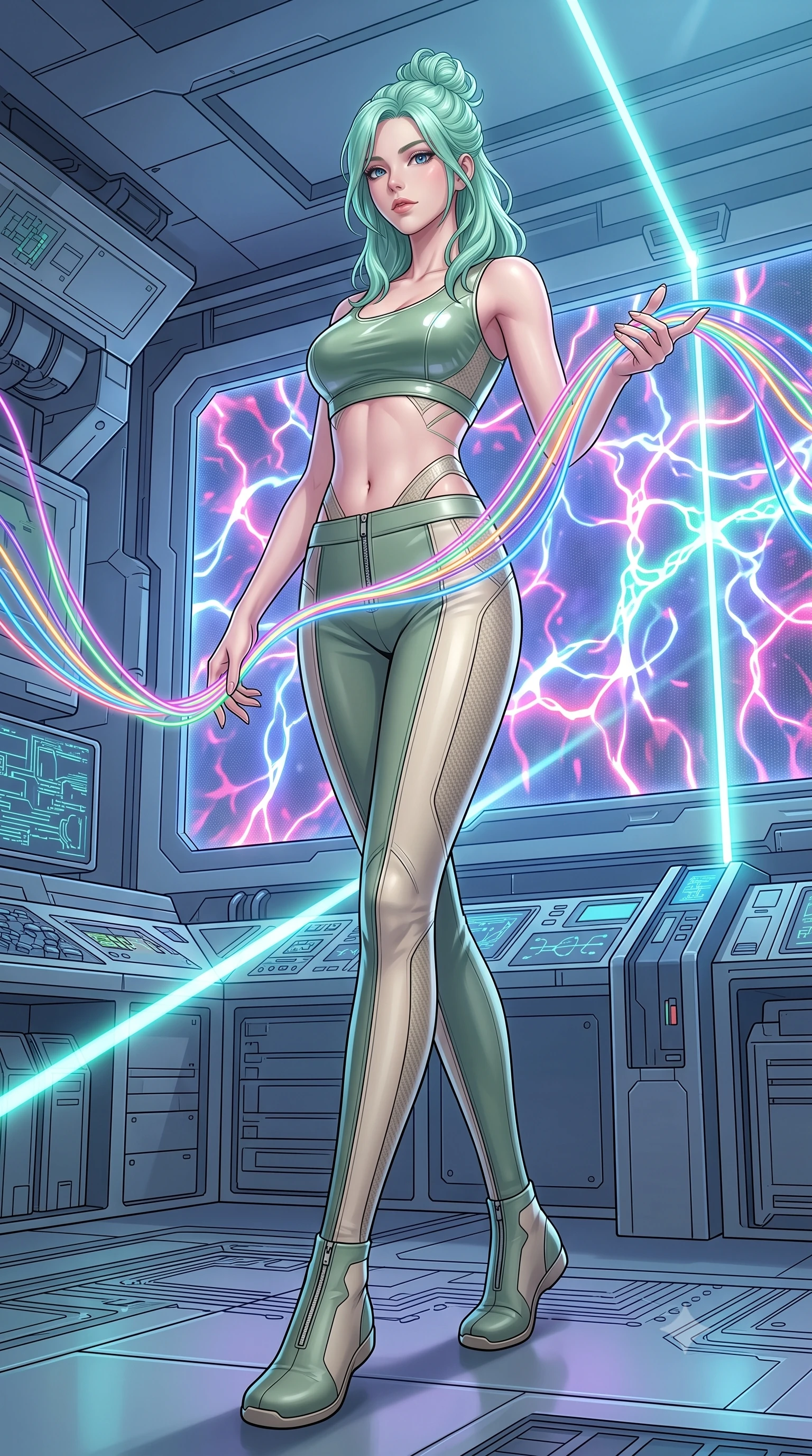 score_9, masterpiece, best quality, ultra-detailed, high-budget anime keyframe, editorial fashion photography, tasteful artistic composition, Japanese woman. low angle full-body shot from head to toe showing her feet, filling the entire 9:16 vertical frame with her statuesque presence, stretching her vertical silhouette. stepping forward with proud posture, filling the vertical frame with her magnetic presence threading neon fiber-optic ribbons in a futuristic laboratory room, glowing plasma arcs pulsating rhythmically in the background. She has an absolutely perfect, statuesque 8.5-heads proportion, an exceptionally tall and slender model-like female figure with impossibly long slender legs and an ultra-slim waist. sharp v-shaped jawline, high-bridge nose, intricate jewel-like eyes with depth, thick eyelashes, glossy lips with a natural sheen. wearing a glossy vinyl crop top and high-waist tailored leggings with sleek zippers in sage green and oatmeal, made of fine carbon-fiber weave and soft matte leather, featuring subtle geometric cutouts that highlight her ultra-slim midriff, the tailored fabric tightly following every curve of her athletic build. lit by bright volumetric laser beams and soft specular highlights. highly saturated vibrant anime colors, detailed shading with soft gradients, rich glossy textures, high-contrast stereoscopic depth, volumetric dynamic lighting, master piece, 9:16 ratio