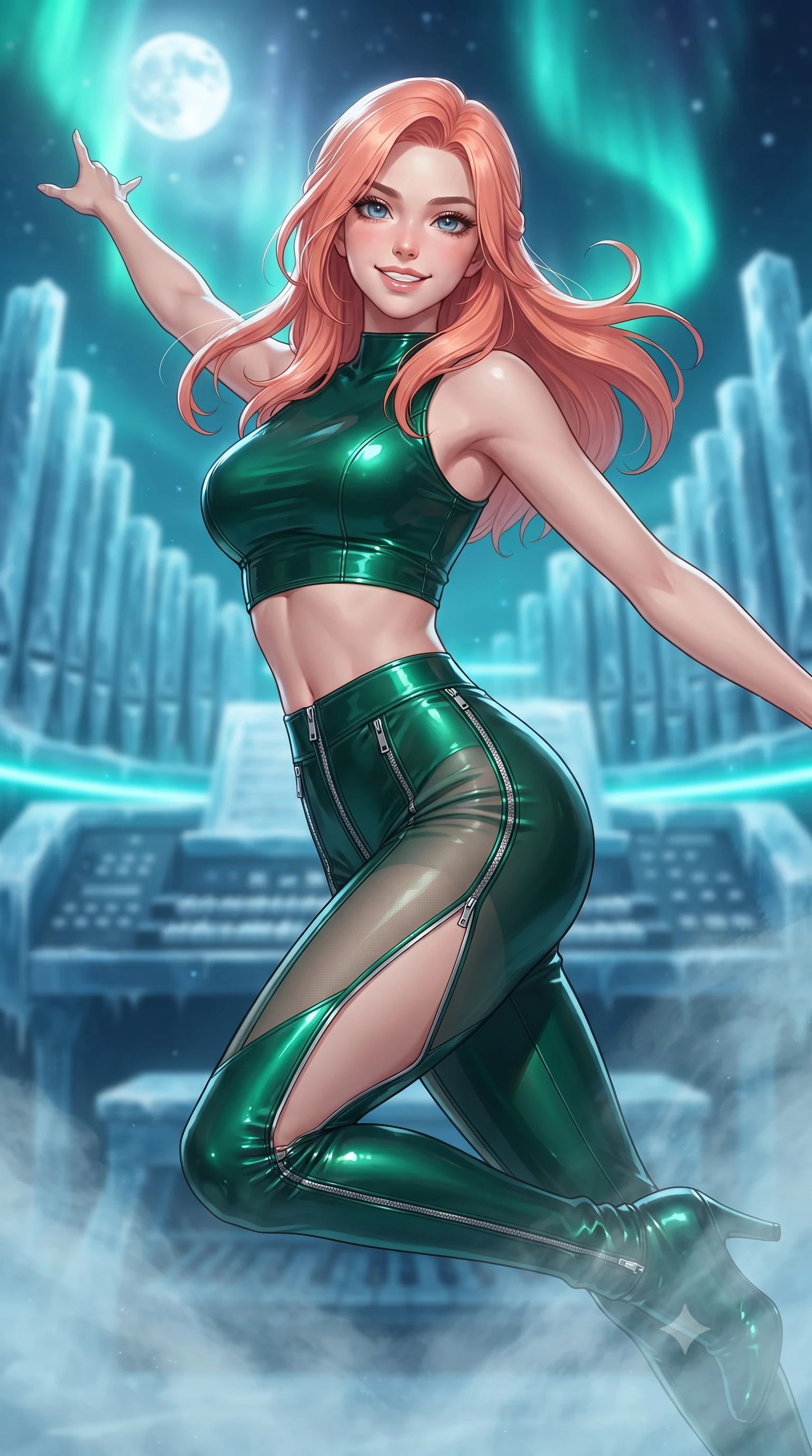 score_9, masterpiece, best quality, ultra-detailed, high-budget anime keyframe, editorial fashion photography, tasteful artistic composition, Japanese woman. close-up cowboy shot from the waist and thighs up, the character dominates the composition, filling the frame with her large presence, background elements kept in soft focus. Extending one arm in an elegant stretch toward the light while smiling with magnetic self-assurance while leaping across a frozen pipe organ stage as cyan neon aria lights pulse rhythmically, sub-zero mist swirling gently around her long slender legs and athletic build. She has an exceptionally elegant, slender, and willowy female figure with an ultra-slim waist, a gracefully sculpted slender torso, and a refined silhouette. sharp v-shaped jawline, high-bridge nose, intricate jewel-like eyes with depth, thick eyelashes, glossy lips with a natural sheen, flawlessly proportioned anatomical accuracy, natural body alignment, perfectly sculpted elegant limbs, clean dynamic posture without body distortion. wearing a glossy vinyl crop top and high-waist tailored leggings with sleek zippers in deep emerald green and silver accent, woven from fine semi-opaque sheer organza, finished with a sleek side slit ascending to mid-thigh, the form-contouring material highlighting her ultra-slim waist and long lines. bathed in crisp silver moonlight and vivid cyan-green polar aurora backlighting. ultra-reflective glossy finish, specular highlights, metallic sheen, high-contrast stereoscopic depth, volumetric dynamic lighting, 2k, ultra detail, master piece, 9:16 ratio