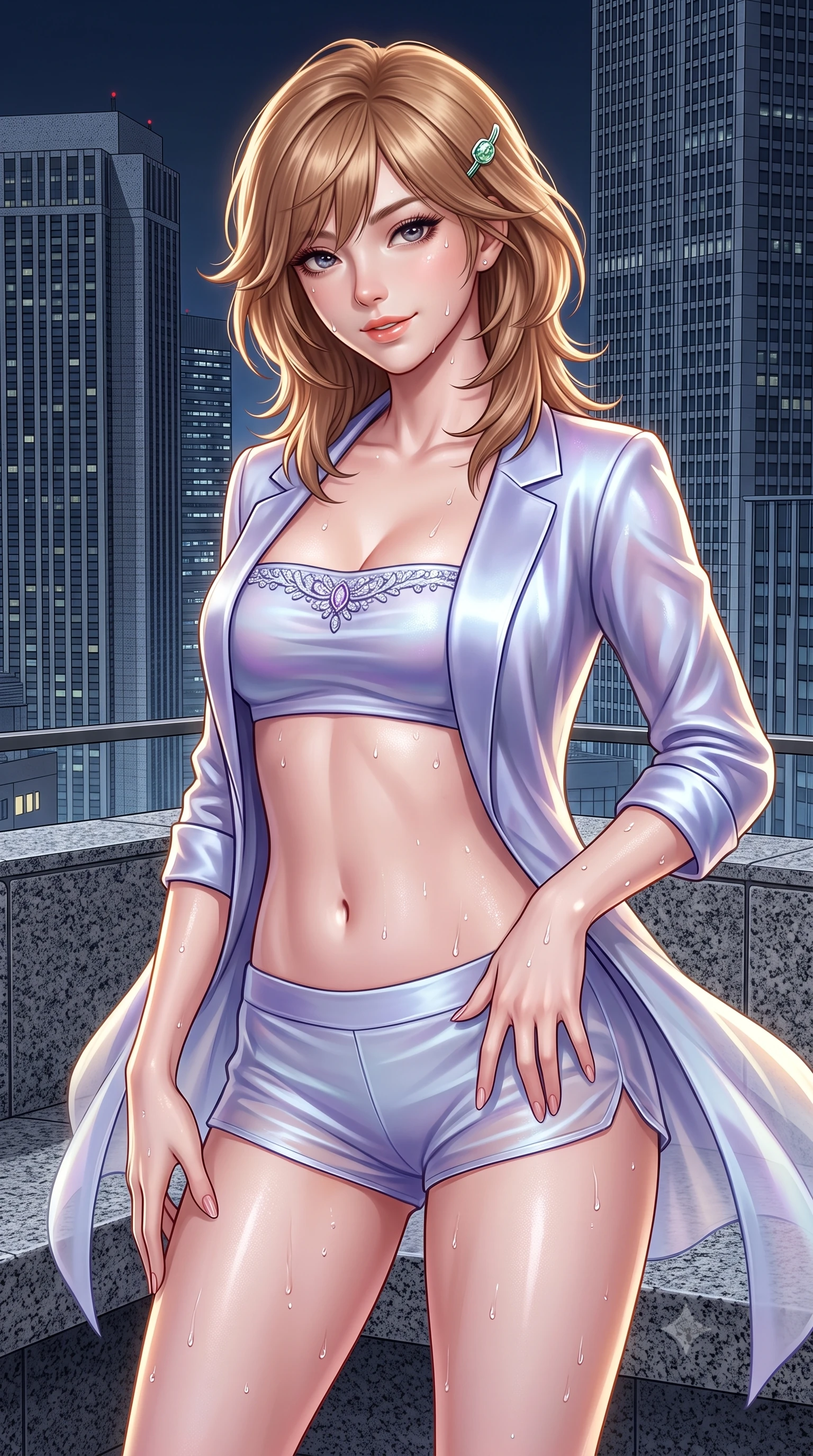 score_9, masterpiece, best quality, ultra-detailed, high-budget anime keyframe, semi-realistic 3D game render, editorial fashion photography, tasteful artistic composition, Korean woman. close-up cowboy shot from the waist and thighs up, the character dominates the composition, filling the frame with her large presence. tilting her head with a teasing half-smile, running one hand slowly down the side of her hip in a flirtatious S-curve as ambient light caresses her silhouette while twisting her slender torso in an alluring S-curve, gentle night breezes fluttering her silk dress as Shinjuku skyscraper towers loom behind. The surrounding environment is rendered in vivid detail and crisp panoramic clarity: detailed plunging cowl-neck silk satin slip dress drape, delicate jade hairpin gleam, and rooftop landscape craft in high resolution. She has an exceptionally elegant, slender, and willowy female figure with an ultra-slim waist, flat toned midriff, narrow ribcage, and sculpted feminine hips creating an alluring, slim hourglass silhouette without bulk. sharp v-shaped jawline, high-bridge nose, sparkling eyes with hypnotic seductive depth, thick curled eyelashes, glossy parted lips with a natural dewy peach sheen, alluring bedroom-eyes with an enchanting coquettish smile, exuding magnetic siren charisma and sophisticated glamour, flawlessly proportioned anatomical accuracy, strict slender model proportions, natural body alignment, perfectly sculpted long slender limbs, ultra-slim waistline, clean dynamic posture without body distortion. wearing a tailored open-front satin smoking jacket worn over a jewel-embellished bandeau and micro-shorts in icy aurora-violet and glacial liquid silver, made of sheer gossamer chiffon that drapes softly against skin with airy translucence, finished with glistening drops of hot spring water beading across her sculpted shoulders and collarbones, the second-skin tailored fabric adhering flawlessly to her sculpted flat midriff and slender torso, emphasizing her long leg lines and perfectly proportioned willowy build. illuminated by granite bench reflection fill and sharp platinum-gold rim lights defining her razor-sharp jawline, narrow waist, and curvy hips. highly saturated vibrant anime colors, detailed shading with soft gradients, rich glossy textures, high-contrast stereoscopic depth, volumetric dynamic lighting, master piece, 9:16 ratio