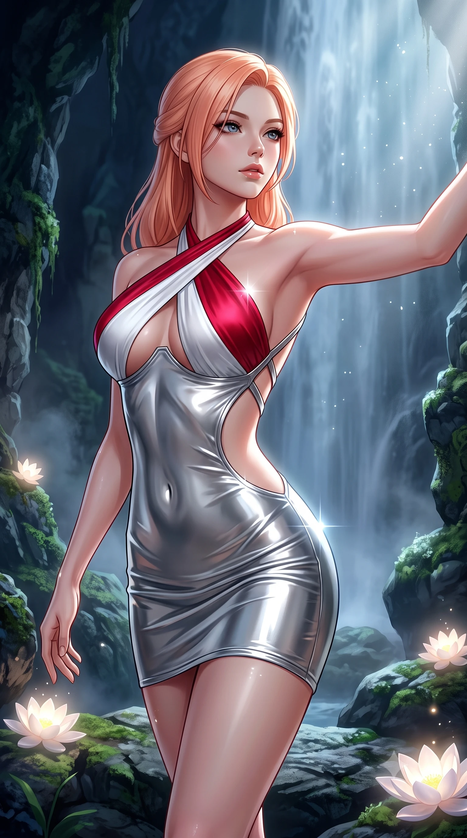 score_9, masterpiece, best quality, ultra-detailed, high-budget anime keyframe, semi-realistic 3D game render, editorial fashion photography, tasteful artistic composition, Japanese woman. close-up cowboy shot from the waist and thighs up, the character dominates the composition, filling the frame with her large presence. extending one arm gracefully toward the light while her torso arches in a sleek, alluring curve with magnetic intensity while arching her spine in a fluid motion as silver moonlight penetrates the mist of a sacred cavern waterfall. The surrounding environment is rendered in vivid detail and crisp panoramic clarity. deep nocturnal chiaroscuro and sacred natural sanctuary details captured with environmental precision. She has an exceptionally elegant, slender, and willowy female figure with an ultra-slim waist, a gracefully sculpted slender torso, toned flat midriff, and a refined slim silhouette. sharp v-shaped jawline, high-bridge nose, intricate jewel-like eyes with depth, thick eyelashes, glossy lips with a natural sheen, flawlessly proportioned anatomical accuracy, strict slender model proportions, natural body alignment, perfectly sculpted long slender limbs, ultra-slim waistline, clean dynamic posture without body distortion. wearing a molten silver liquid-metal mini dress featuring deep side-waist cutouts and a daring crossover halter neckline in radiant crimson silk and crisp snow white, made of liquid metal jersey that clings flawlessly to every contour of her build, complemented by criss-cross back straps highlighting her completely bare spine, the form-contouring material adhering flawlessly to her sculpted flat midriff and slender torso, emphasizing her long leg lines and perfectly proportioned willowy build. illuminated by soft glowing pearl lotus uplights and sparkling specular highlights tracing her curves. highly saturated vibrant anime colors, detailed shading with soft gradients, rich glossy textures, high-contrast stereoscopic depth, volumetric dynamic lighting, master piece, 9:16 ratio