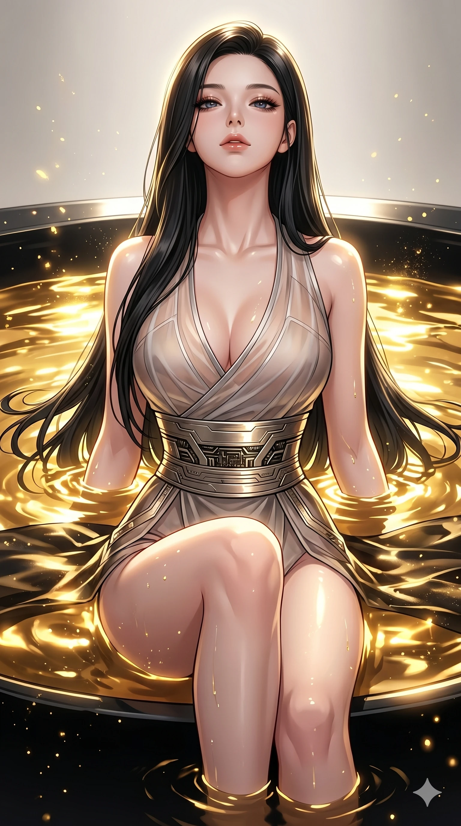 score_9, masterpiece, best quality, ultra-detailed, high-budget anime keyframe, Korean woman. Upper body close-up from the thighs up, character filling the screen for maximum presence. She is partially submerged in a high-tech obsidian pool filled with glowing liquid gold. She tilts her head back with a sensual expression, exposing her throat and shoulders to the camera. She has an absolutely perfect 8-heads proportion, an exceptionally tall and slender female figure with impossibly long slender legs and an ultra-slim waist. V-shaped jawline, high-bridge nose, intricate jewel-like eyes with depth, thick eyelashes, glossy lips with a natural sheen. She is wearing a shortened cyber-fusion wrap top with transparent chiffon panels, a deep crossover neckline, and a high-waisted metallic sash that accentuates her ultra-slim waist. The scene is lit by shimmering gold reflections from the liquid pool and bright studio key lights. 2k, ultra detail, master piece, 9:16 ratio
