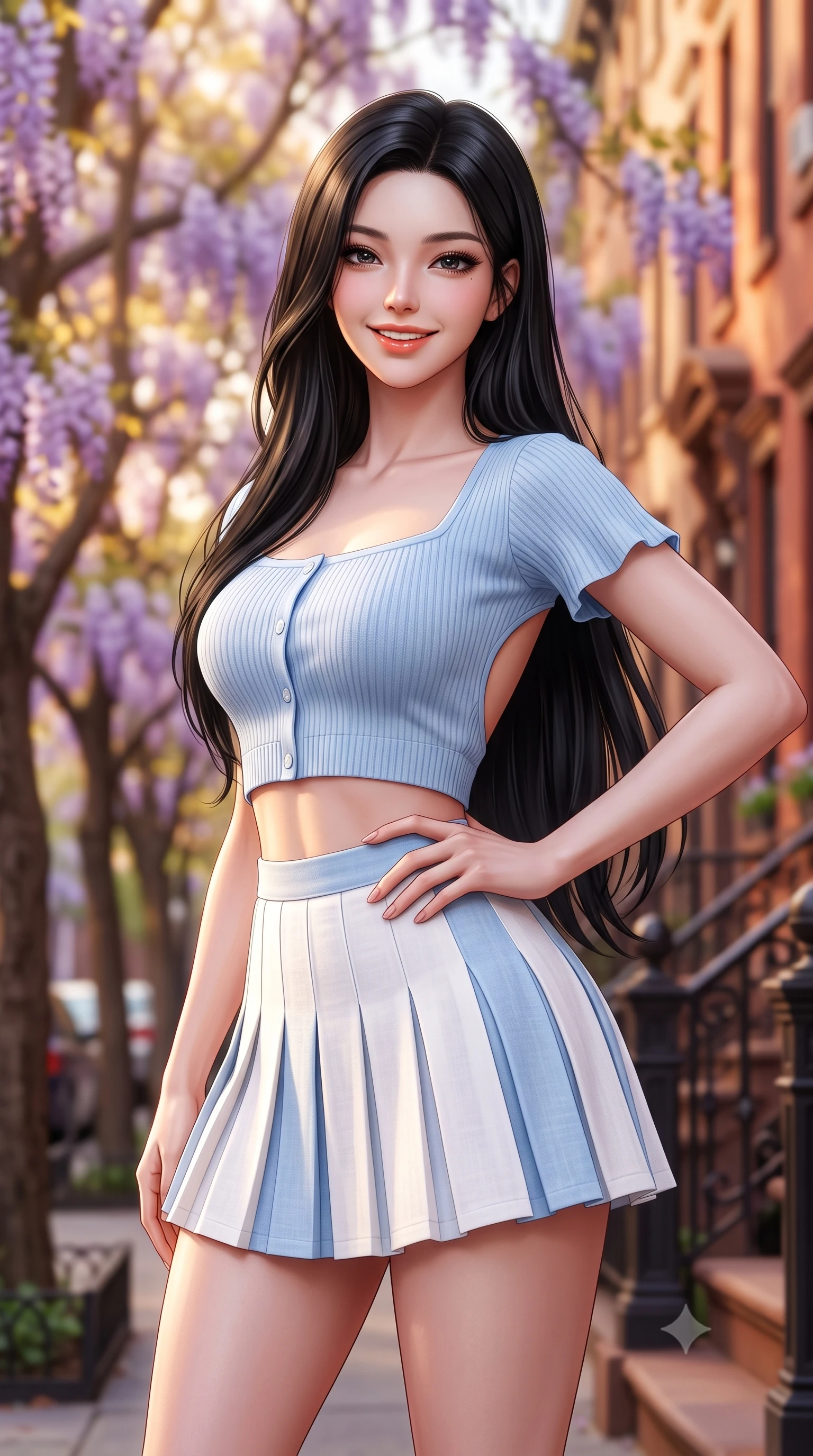 score_9, masterpiece, best quality, ultra-detailed, high-budget anime keyframe, semi-realistic 3D game render, editorial fashion photography, tasteful artistic composition, Korean woman. close-up cowboy shot from the waist and thighs up, the character dominates the composition, filling the frame with her large presence. twisting her slender torso in an alluring contrapposto stance, one hand resting on her sculpted hip while flashing a radiant, playful smile with parted glossy lips while standing poised at the top of the stoop, twisting her slender torso in an alluring S-curve as afternoon sunlight filters through tree-lined streets. The composition keeps background elements in soft focus with dreamy creamy bokeh. blooming purple wisteria vines and tree-lined historic West Village brownstones blurred into soft lavender, warm terracotta, and gold bokeh. She has an exceptionally elegant, slender, and willowy female figure with an ultra-slim waist, flat toned midriff, narrow ribcage, and sculpted feminine hips creating an alluring, slim hourglass silhouette without bulk. sharp v-shaped jawline, high-bridge nose, intricate jewel-like sparkling eyes with depth, thick eyelashes, glossy parted lips with a natural peach sheen, bright cheerful beaming smile with an enchanting and coquettish sensual glint, exuding both youthful cute charm and seductive allure, flawlessly proportioned anatomical accuracy, strict slender model proportions, natural body alignment, perfectly sculpted long slender limbs, ultra-slim waistline, clean dynamic posture without body distortion. wearing a cropped pastel ribbed knit cardigan paired with an ultra-short high-waisted pleated tennis skirt clinging tightly to her curvy hips in soft baby blue and crisp cloud white, crafted from soft breathable linen with effortless natural drape, featuring elegant flutter sleeves and a graceful square neckline, the precision-cut side openings and low-back scoop framing her graceful spine and the sensual sweep of her slim, toned hips. bathed in warm, golden afternoon sunlight streaming down the historic tree-lined street. highly saturated vibrant anime colors, detailed shading with soft gradients, rich glossy textures, high-contrast stereoscopic depth, volumetric dynamic lighting, master piece, 9:16 ratio