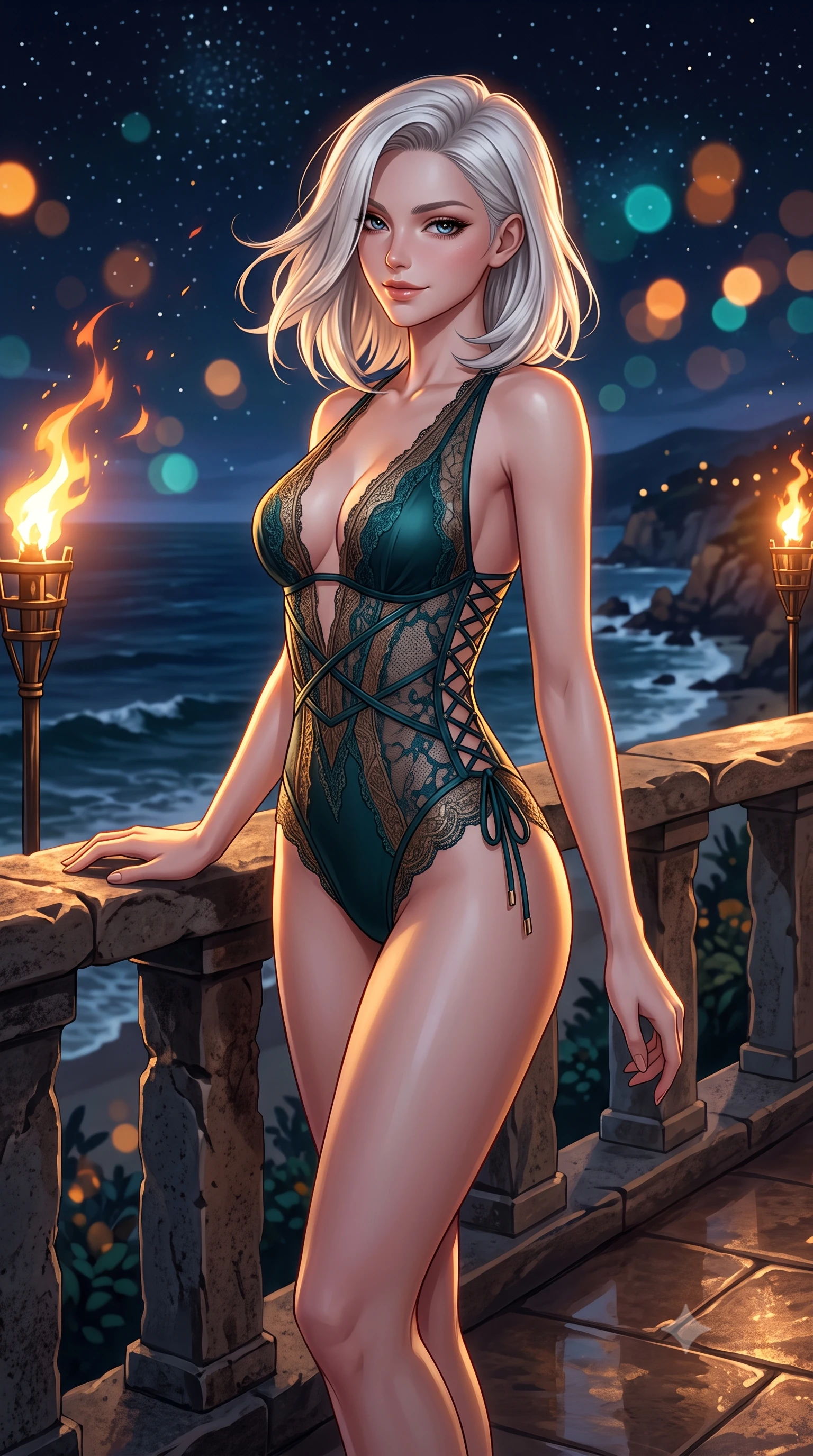 score_9, masterpiece, best quality, ultra-detailed, high-budget anime keyframe, semi-realistic 3D game render, editorial fashion photography, tasteful artistic composition, Caucasian woman. close-up cowboy shot from the waist and thighs up, the character dominates the composition, filling the frame with her large presence. turning slowly with an enchanting smoldering smile, her glossy hair tossing in the breeze as her hips angle gracefully in a captivating contrapposto while leaning against the rustic stone parapet with hips cocked back, looking over illuminated shoreline coves with smoldering bedroom-eyes. The background shows a soft-focus flickering flame ribbons from brass torches, dark waves rolling into illuminated rocky inlets, and starry sky blurred into amber, turquoise, and obsidian bokeh. She has an exceptionally elegant, slender, and willowy female figure with an ultra-slim waist, flat toned midriff, narrow ribcage, and sculpted feminine hips creating an alluring, slim hourglass silhouette without bulk. sharp v-shaped jawline, high-bridge nose, intricate jewel-like sparkling eyes with depth, thick eyelashes, glossy parted lips with a natural peach sheen, bright cheerful beaming smile with an enchanting and coquettish sensual glint, exuding both youthful cute charm and seductive allure, flawlessly proportioned anatomical accuracy, strict slender model proportions, natural body alignment, perfectly sculpted long slender limbs, ultra-slim waistline, clean dynamic posture without body distortion. wearing an ultra-daring sheer macramé lace bodysuit with deep plunge neckline and criss-cross strappy torso details in French Concession jade green and gilded bronze, woven from buttery-soft stretch lambskin leather adhering to her body like a second skin, featuring fine criss-cross lace-up side ties revealing tantalizing glimpses of her hip curve, the form-contouring silhouette accentuating her sculpted flat midriff, narrow delicate ribcage, and gracefully curvy hips with intoxicating allure. illuminated by terrace tile reflection bounce and sharp flame-gold rim lights sculpting her razor-sharp jawline, narrow waist, and curvy hips. highly saturated vibrant anime colors, detailed shading with soft gradients, rich glossy textures, high-contrast stereoscopic depth, volumetric dynamic lighting, master piece, 9:16 ratio