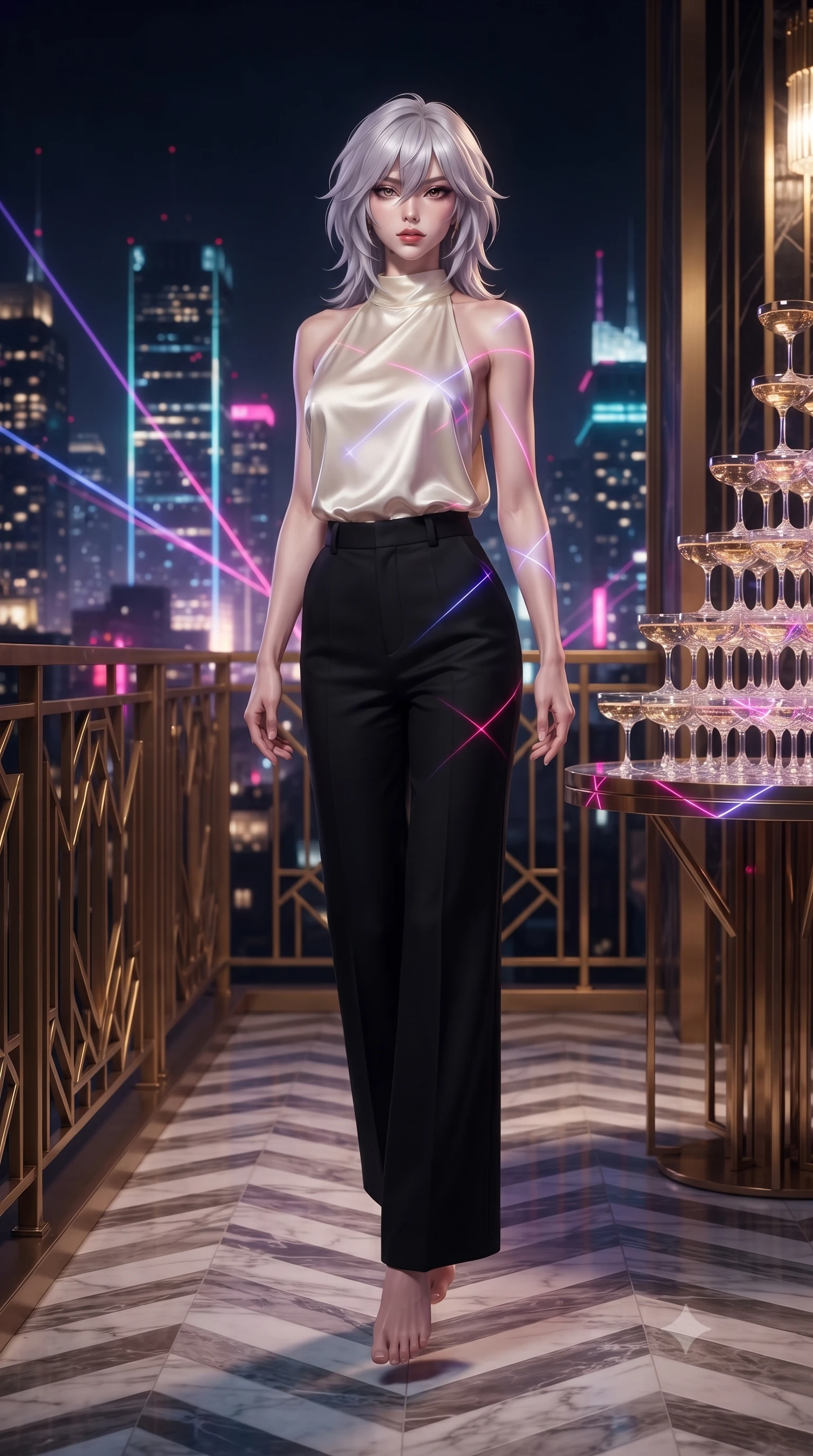 score_9, masterpiece, best quality, ultra-detailed, high-budget anime keyframe, editorial fashion photography, tasteful artistic composition, Japanese woman. low angle full-body shot from head to toe showing her feet, filling the entire 9:16 vertical frame with her statuesque presence, stretching her vertical silhouette. floating with ethereal lightness within a glamorous 1920s art deco penthouse terrace with gold geometric railings chevron-patterned marble floors towering champagne glass pyramids and the glittering city skyline stretching beyond the balustrade. She has a statuesque 8.5-heads proportion, an exceptionally tall, slender and willowy model-like build with impossibly long legs and a highly sculpted ultra-slim waist. sharp v-shaped jawline, high-bridge nose, intricate jewel-like eyes with depth, thick eyelashes, glossy lips with a natural sheen. wearing an ivory silk halter-neck top with a draped open back, tucked into tailored black wide-leg trousers. laser lines of violet and hot pink reflecting off surfaces casting geometric neon highlights. 2k, ultra detail, master piece, 9:16 ratio