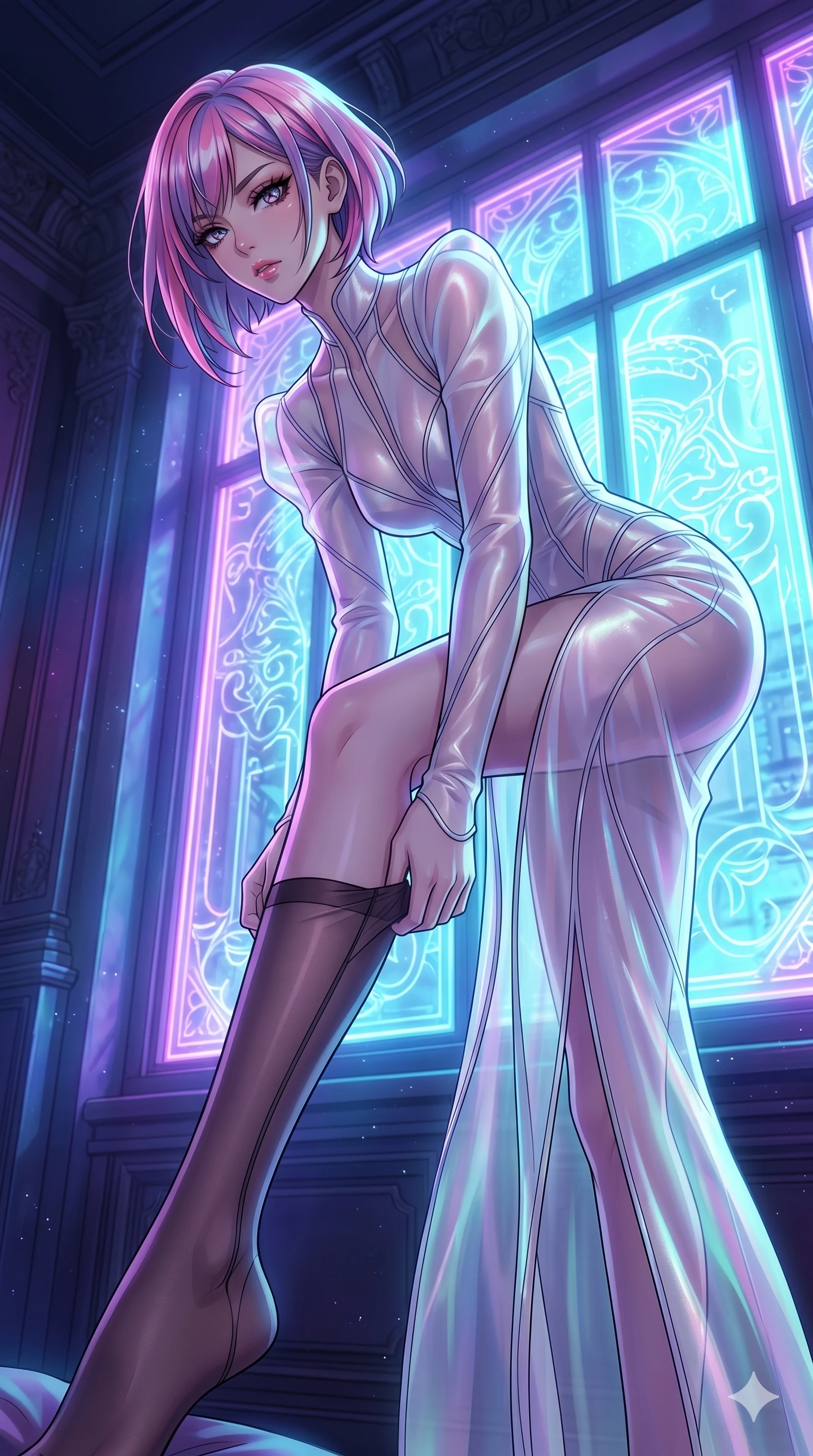 score_9, masterpiece, best quality, ultra-detailed, High-budget Anime Keyframe, East Asian woman. Low angle cowboy shot filling the entire 9:16 frame with her statuesque presence. Scenario 97: Adjusting her elegant hosiery by a glowing neon window. Her presence is magnetic and overpowering in this high-budget anime scene. Outfit 97: A sheer organza long with a sculptural leg-extending silhouette and tight-fitting silhouette. The clothing is designed to emphasize her exceptionally tall and slender 8-heads proportion. 8-heads proportion, towering silhouette, ultra-slim waist. sharp v-shaped jawline, intricate jewel-like eyes with depth, thick eyelashes, glossy lips. 2k, ultra detail, master piece, 9:16 ratio