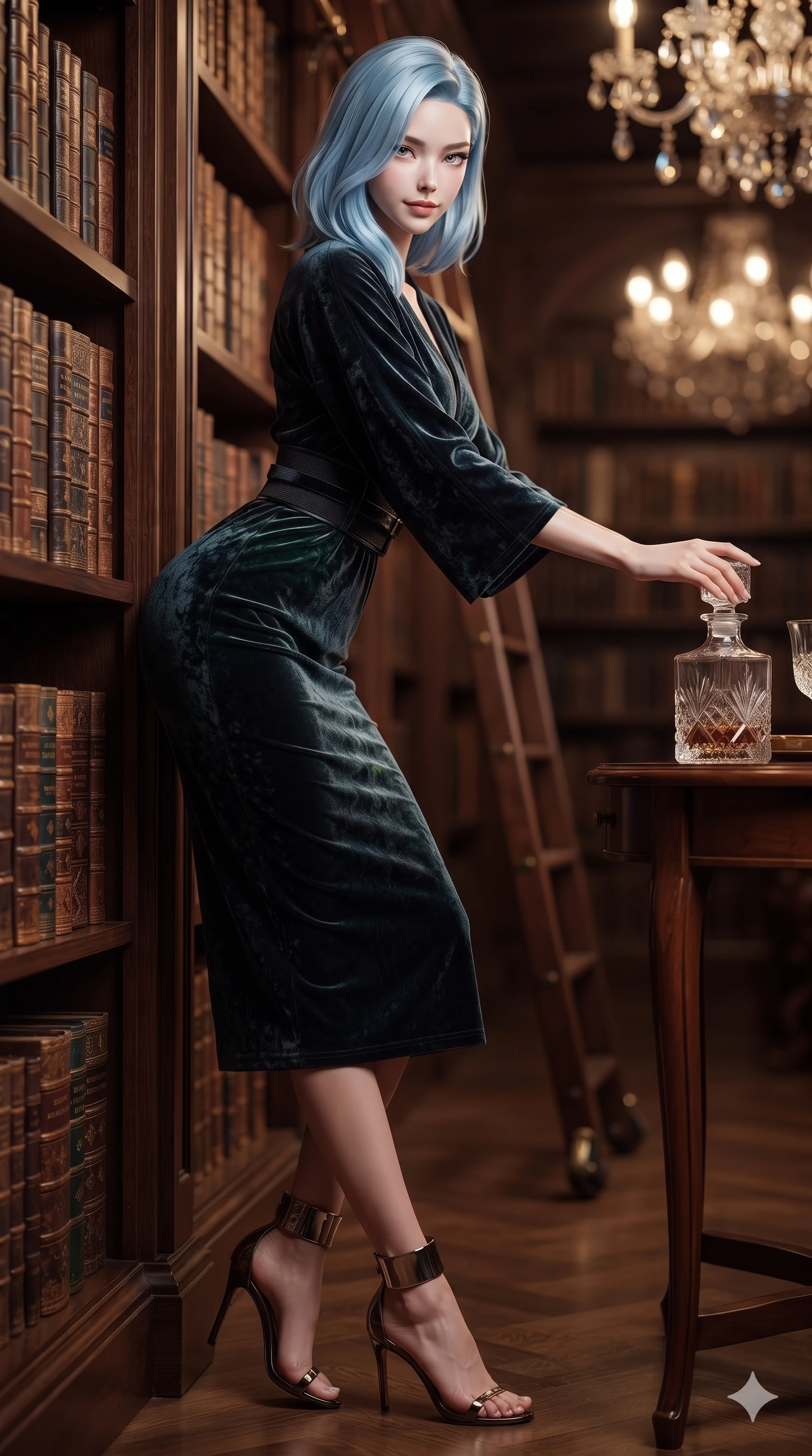 score_9, masterpiece, best quality, ultra-detailed, high-budget anime keyframe, editorial fashion photography, tasteful artistic composition, Korean woman. close-up cowboy shot from the waist and thighs up, the character dominates the composition, filling the frame with her large presence. twisting her slender torso in an alluring S-curve while reaching for a vintage crystal decanter, her dark tailored fit highlighting her hourglass curves while leaning against the polished mahogany bookcase with hips cocked back, looking out through bedroom-eyes with an intoxicating, dangerous half-smile. The background shows a soft-focus floor-to-ceiling leather-bound antique books, rolling library ladders, and crystal chandeliers blurred into mahogany, gold, and topaz bokeh. She has an exceptionally elegant, slender, and willowy female figure with an ultra-slim waist, flat toned midriff, narrow ribcage, and sculpted feminine hips creating an alluring, slim hourglass silhouette without bulk. sharp v-shaped jawline, high-bridge nose, intricate jewel-like dark sparkling eyes with dangerous depth, thick curled eyelashes, glossy parted lips with a rich wine sheen, smoldering seductive half-smile with bedroom-eyes, exuding effortless superiority and intoxicating dark allure, flawlessly proportioned anatomical accuracy, strict slender model proportions, natural body alignment, perfectly sculpted long slender limbs, ultra-slim waistline, clean dynamic posture without body distortion. wearing a tailored minimalist kimono-sleeve silk crepe midi dress with structured obi-inspired belt in iridescent petroleum beetle-sheen and deep graphite, tailored from crushed dark velvet with deep light-absorbing plush texture, complemented by strappy stiletto heels with metallic ankle cuffs accentuating her slender calves, the impeccably tailored cut draping gracefully along her slender figure with aristocratic noir poise. illuminated by polished mahogany table bounce and sharp amber-bronze rim lights defining her razor-sharp jawline, narrow waist, and curvy hips. ultra-reflective glossy finish, specular highlights, rich textural contrasts, high-contrast stereoscopic depth, volumetric dynamic lighting, 2k, ultra detail, master piece, 9:16 ratio