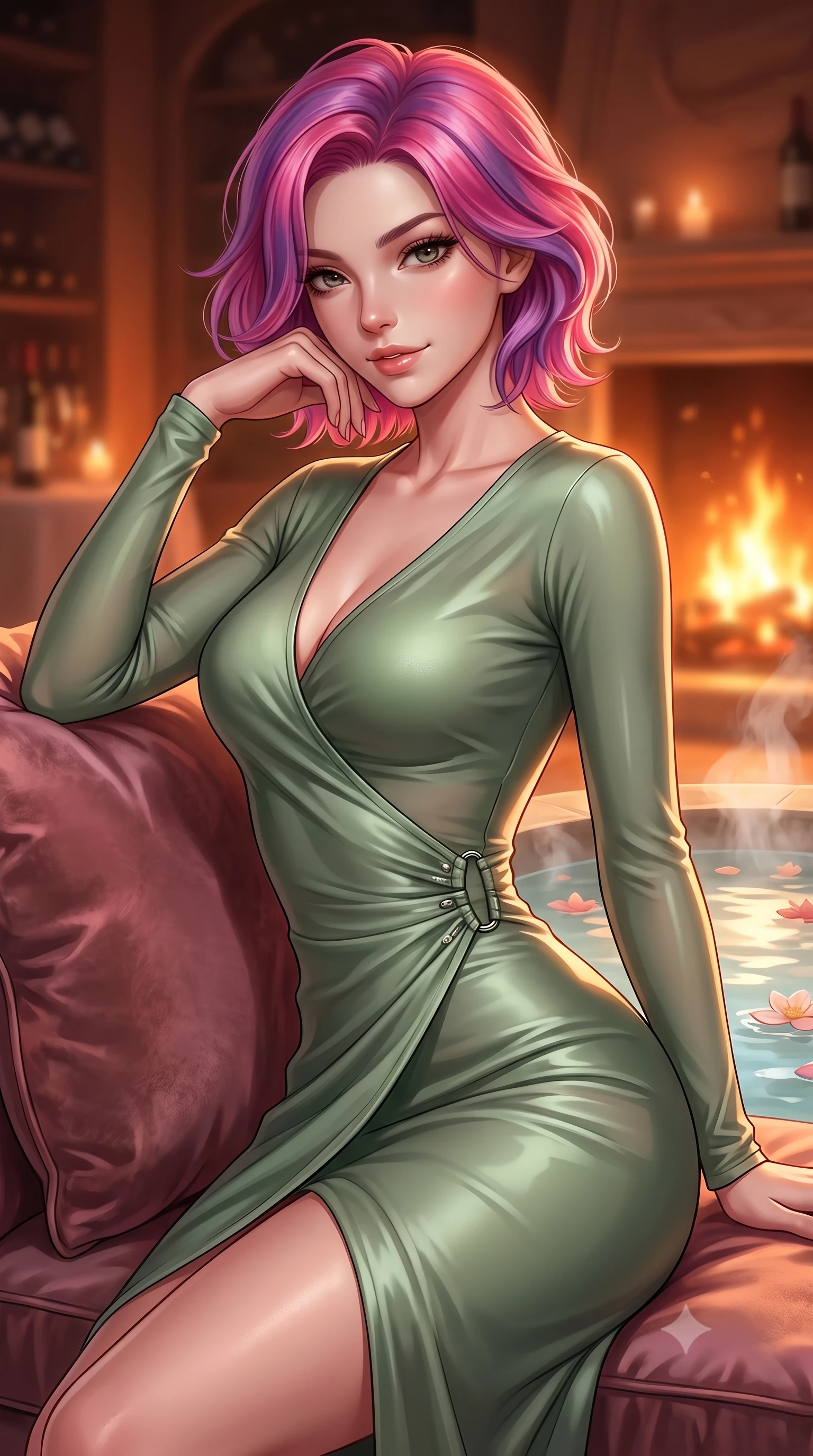score_9, masterpiece, best quality, ultra-detailed, high-budget anime keyframe, editorial fashion photography, tasteful artistic composition, Caucasian woman. close-up cowboy shot from the waist and thighs up, the character dominates the composition, filling the frame with her large presence, background elements kept in soft focus. arching her back slightly while resting her elbow on a plush cushion, flashing a soft, sensual half-smile set against a soft-focus background of inside an exclusive wine cellar alcove with rising mineral steam and floating flower petals on the clear water surface. She has an exceptionally elegant, slender, and willowy female figure with an ultra-slim waist, a gracefully sculpted slender torso, and a refined silhouette. sharp v-shaped jawline, high-bridge nose, intricate jewel-like eyes with depth, thick eyelashes, glossy lips with a natural sheen. wearing body-hugging sage green contouring mesh sleek long-sleeve silk wrap dress contouring her ultra-slim waist elegantly accented with delicate silver hardware. bathed in cozy, flickering fireplace light that paints the room in a warm orange wash. highly saturated vibrant anime colors, detailed shading with soft gradients, rich glossy textures, high-contrast stereoscopic depth, volumetric dynamic lighting, master piece, 9:16 ratio