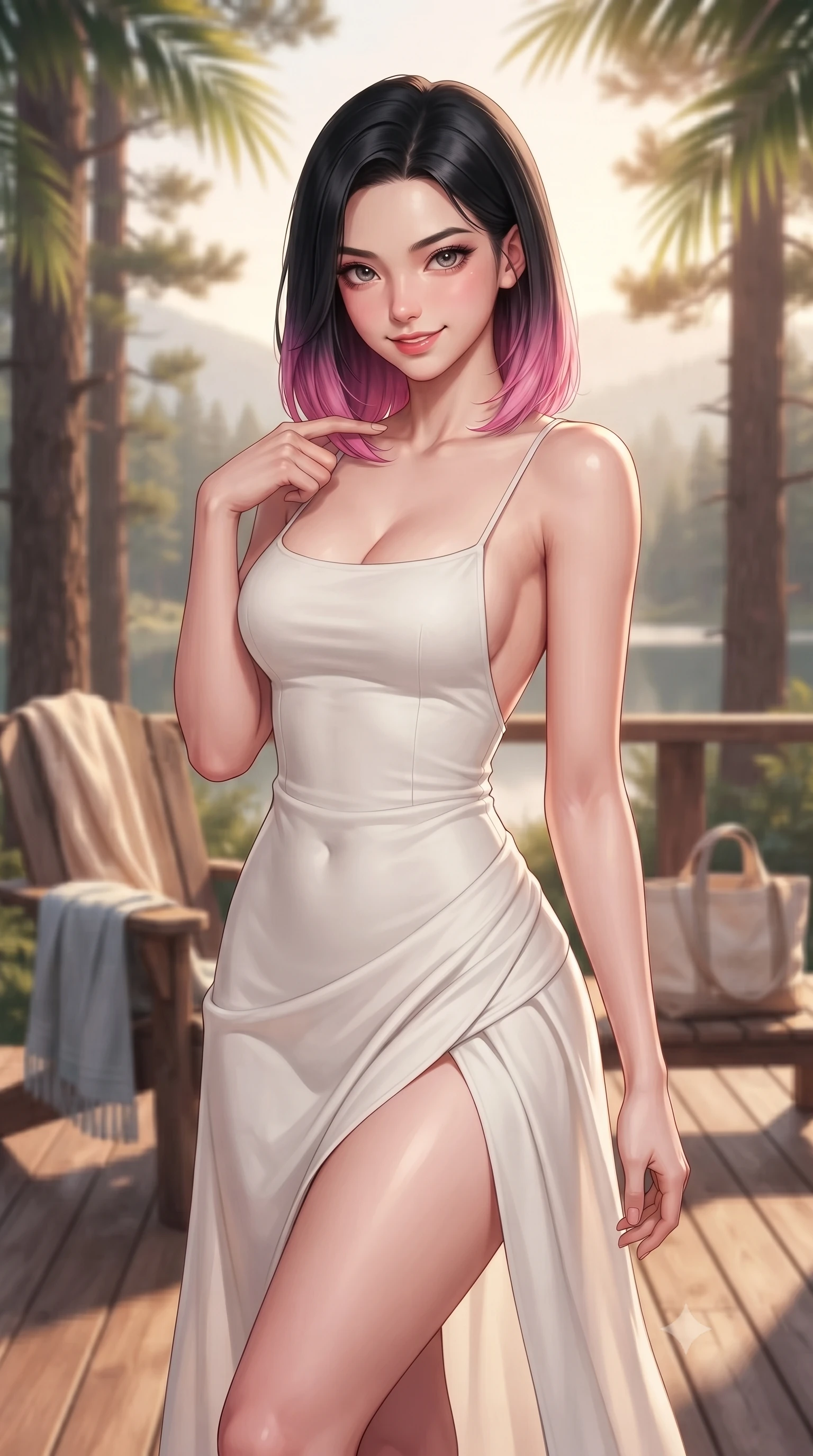 score_9, masterpiece, best quality, ultra-detailed, high-budget anime keyframe, editorial fashion photography, tasteful artistic composition, Korean woman. close-up cowboy shot from the waist and thighs up, the character dominates the composition, filling the frame with her large presence, background elements kept in soft focus. gently tracing her finger along her collarbone with a captivating, confident smile set against a soft-focus background of on a cozy glamping deck surrounded by tall pine trees and a quiet mountain lake with a soft linen beach towel and a cute canvas tote bag nearby. She has an exceptionally elegant, slender, and willowy female figure with an ultra-slim waist, a gracefully sculpted slender torso, and a refined silhouette. sharp v-shaped jawline, high-bridge nose, intricate jewel-like eyes with depth, thick eyelashes, glossy lips with a natural sheen. wearing form-contouring backless cotton sundress in white, featuring delicate straps and a long flowing skirt. soft afternoon sunbeams filtering through the palm leaves, casting gentle shadows. highly saturated vibrant anime colors, detailed shading with soft gradients, rich glossy textures, high-contrast stereoscopic depth, volumetric dynamic lighting, master piece, 9:16 ratio