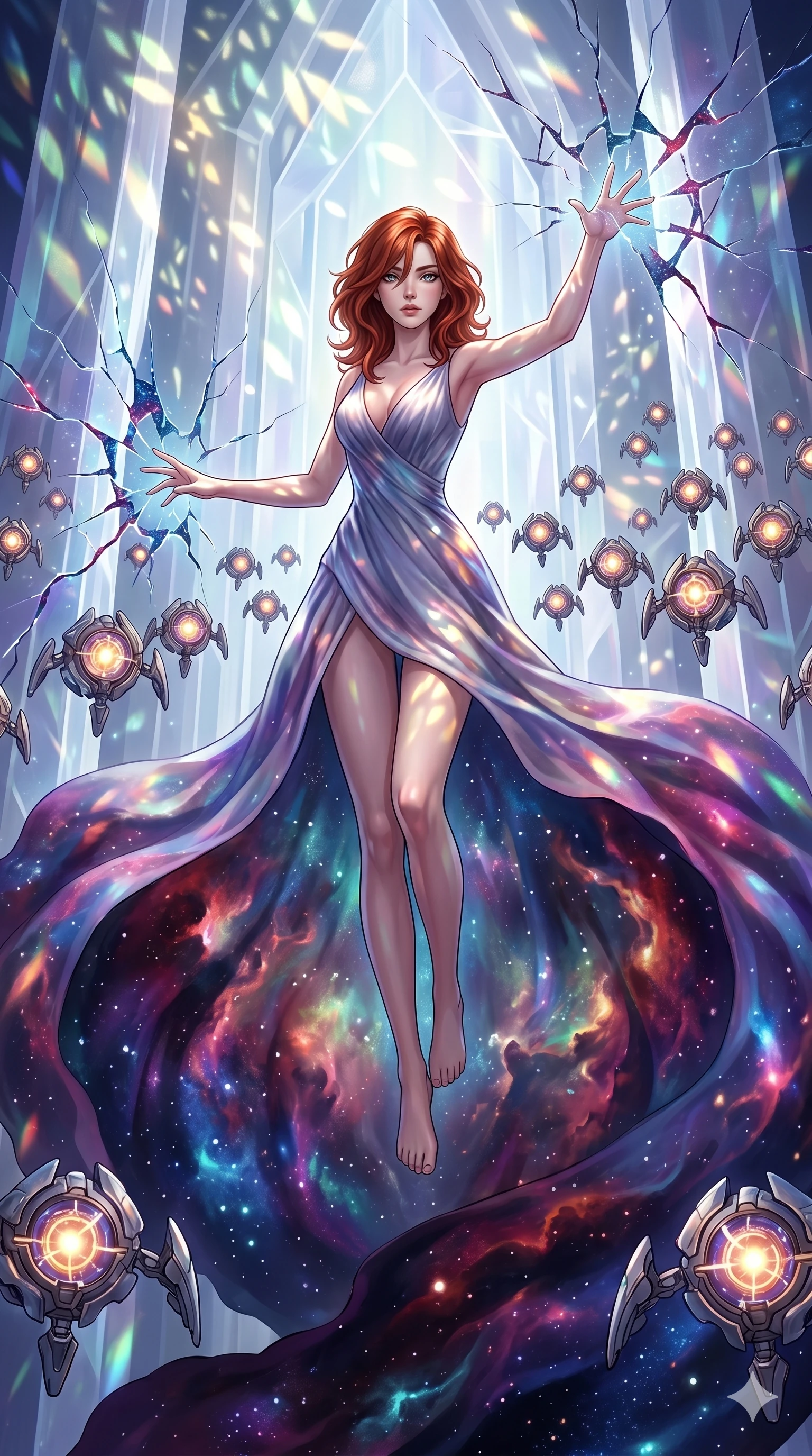 score_9, masterpiece, best quality, ultra-detailed, Set A: High-budget Anime Keyframe, Caucasian (human ears) woman. Upper body close-up from the thighs up, character filling the screen for maximum presence. Theme: Abstract Cosmic. shattering the fabric of reality in a temple made of solid light, surrounded by 49 hovering guardian drones. The atmosphere is filled with cinematic sunlight through leaves. She has an absolutely perfect 8-heads proportion, an exceptionally tall and slender female figure with impossibly long slender legs and an ultra-slim waist. Sharp v-shaped jawline, high-bridge nose, intricate jewel-like eyes with depth, glossy lips. Wearing Ethereal star-gazer gown with a massive flowing train that looks like a nebula. Cinematic lighting, vivid colors, dramatic shadows, 2k, ultra detail, master piece, 9:16 ratio