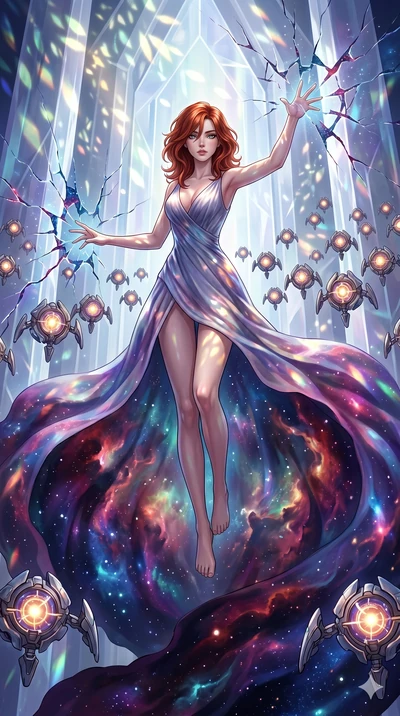 score_9, masterpiece, best quality, ultra-detailed, Set A: High-budget Anime Keyframe, Caucasian (human ears) woman. Upper body close-up from the thighs up, character filling the screen for maximum presence. Theme: Abstract Cosmic. shattering the fab