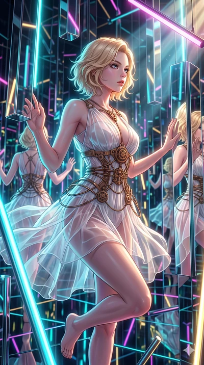 score_9, masterpiece, best quality, ultra-detailed, high-budget anime keyframe, Japanese woman. upper body close-up from the thighs up, character filling the screen for maximum presence. navigating a kinetic light-sculpture mirror maze, passing betwe