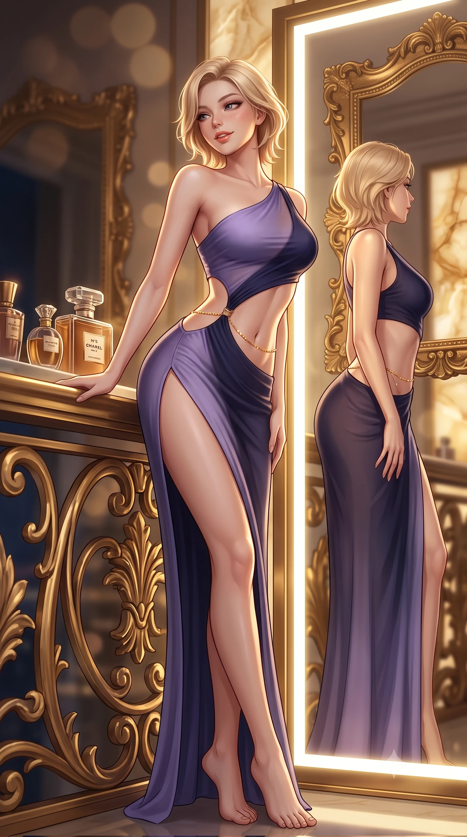 score_9, masterpiece, best quality, ultra-detailed, high-budget anime keyframe, semi-realistic 3D game render, editorial fashion photography, tasteful artistic composition, Caucasian woman. low angle full-body shot from head to toe showing her feet, filling the entire 9:16 vertical frame with her statuesque presence, stretching her vertical silhouette. leaning deep against the balcony balustrade with hips cocked back in an unapologetically alluring high-fashion stance, casting an intoxicating glance over the moonlit horizon while twisting her slender torso in an alluring contrapposto stance before the floor-to-ceiling illuminated mirror, admiring her silhouette with a teasing, coquettish smile. The background shows a soft-focus ornate gilded baroque mirror frames, luxury perfume flacons, and backlit onyx wall panels blurred into honey, champagne, and smoky bronze bokeh. She has an absolutely perfect, statuesque 8.5-heads proportion, an exceptionally tall and slender model-like female figure with impossibly long slender legs, an ultra-slim waist, a flat toned midriff, narrow delicate ribcage, and beautifully sculpted feminine hips creating a graceful, slim hourglass silhouette without any bulky heaviness. sharp v-shaped jawline, high-bridge nose, sparkling eyes with hypnotic seductive depth, thick curled eyelashes, glossy parted lips with a natural dewy peach sheen, alluring bedroom-eyes with an enchanting coquettish smile, exuding magnetic siren charisma and sophisticated high-fashion glamour, flawlessly proportioned anatomical accuracy, strict slender model proportions, natural body alignment, perfectly sculpted long slender limbs, ultra-slim waistline, clean dynamic posture without body distortion. wearing an asymmetric one-shoulder liquid jersey gown with dramatic hip-high slit and waist cutout in twilight lavender and midnight indigo, made of semi-opaque stretch illusion mesh with soft shadowy contours, accented with a dainty gold belly chain resting across her flat midriff and curving hips, the glove-like clinging cut tightly following the natural contour of her hips and long slender legs with youthful 8.5-heads elegance. illuminated by mirror specular bounce and sharp warm-gold rim lights defining her razor-sharp jawline, ultra-slim waist, and curvy hips. highly saturated vibrant anime colors, detailed shading with soft gradients, rich glossy textures, high-contrast stereoscopic depth, volumetric dynamic lighting, master piece, 9:16 ratio