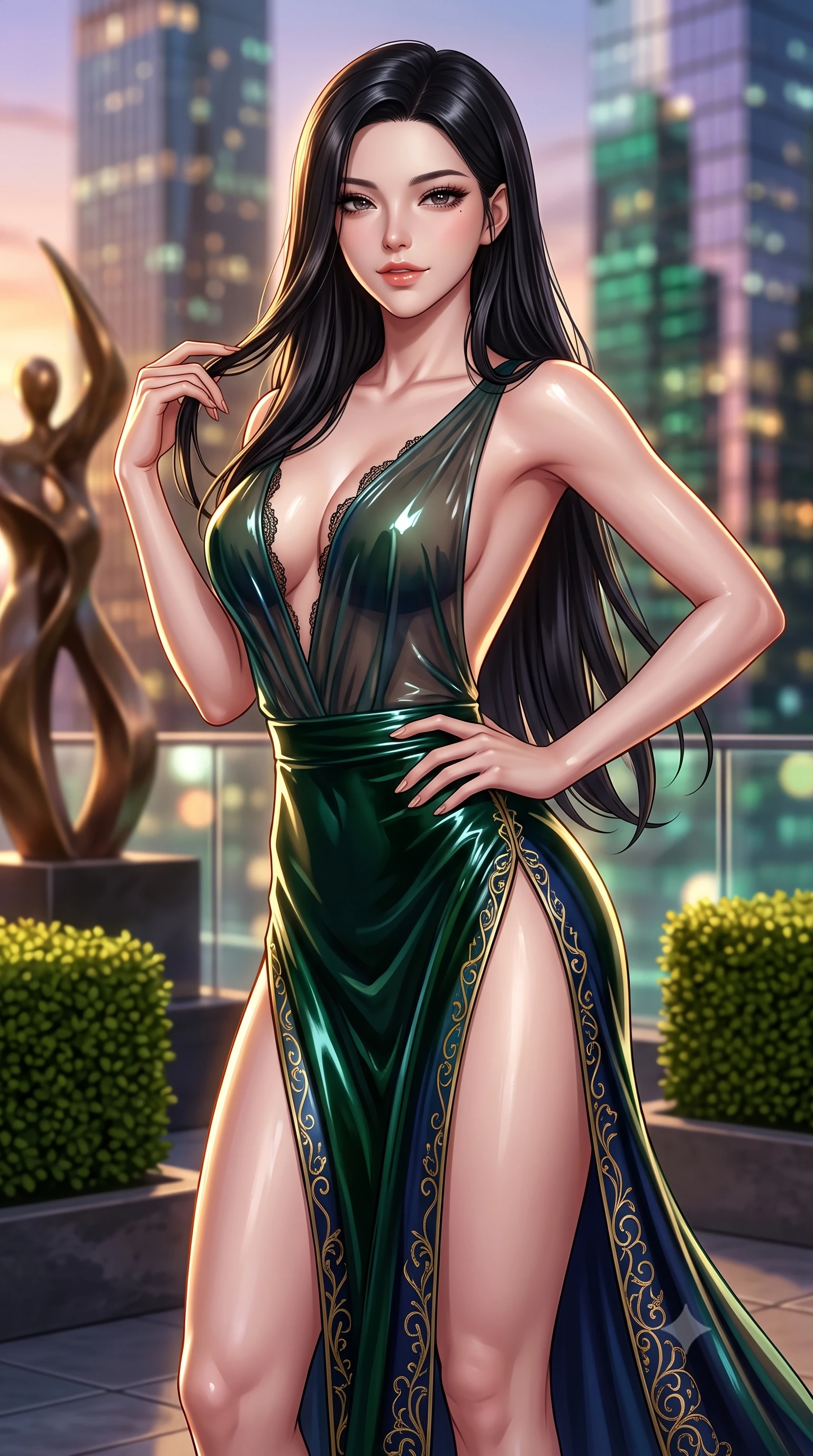 score_9, masterpiece, best quality, ultra-detailed, high-budget anime keyframe, semi-realistic 3D game render, editorial fashion photography, tasteful artistic composition, Korean woman. close-up cowboy shot from the waist and thighs up, the character dominates the composition, filling the frame with her large presence. twisting her slender torso in an alluring contrapposto stance, one hand resting on her sculpted hip while her fingers toy with her hair with effortless poise while twisting her slender torso in an alluring S-curve, evening breezes molding her form-fitting dress to her long slender legs and curvy hips. The background shows a soft-focus abstract bronze sculptures, manicured rooftop boxwood hedges, and glittering architectural glass towers blurred into sunset bronze, emerald, and violet bokeh. She has an exceptionally elegant, slender, and willowy female figure with an ultra-slim waist, flat toned midriff, narrow ribcage, and sculpted feminine hips creating an alluring, slim hourglass silhouette without bulk. sharp v-shaped jawline, high-bridge nose, sparkling eyes with hypnotic seductive depth, thick curled eyelashes, glossy parted lips with a natural dewy peach sheen, alluring bedroom-eyes with an enchanting coquettish smile, exuding magnetic siren charisma and sophisticated glamour, flawlessly proportioned anatomical accuracy, strict slender model proportions, natural body alignment, perfectly sculpted long slender limbs, ultra-slim waistline, clean dynamic posture without body distortion. wearing a deep V-neck sheer gossamer chiffon vampire dress with an open-back scoop and dramatic flowing side leg slit in deep emerald velvet and dark sapphire with gold filigree, crafted from wet-look high-gloss vinyl fabric with dazzling specular surface reflections, finished with scalloped eyelash lace trim framing her sweetheart neckline with intimate elegance, the liquid-tight tailored fabric clinging flawlessly to her narrow waist and rounded feminine hips, emphasizing every millimeter of her sculpted slim hourglass curves without any bulky heaviness. illuminated by glass balustrade reflections and sharp warm-gold rim lights defining her razor-sharp jawline, narrow waist, and curvy hips. highly saturated vibrant anime colors, detailed shading with soft gradients, rich glossy textures, high-contrast stereoscopic depth, volumetric dynamic lighting, master piece, 9:16 ratio