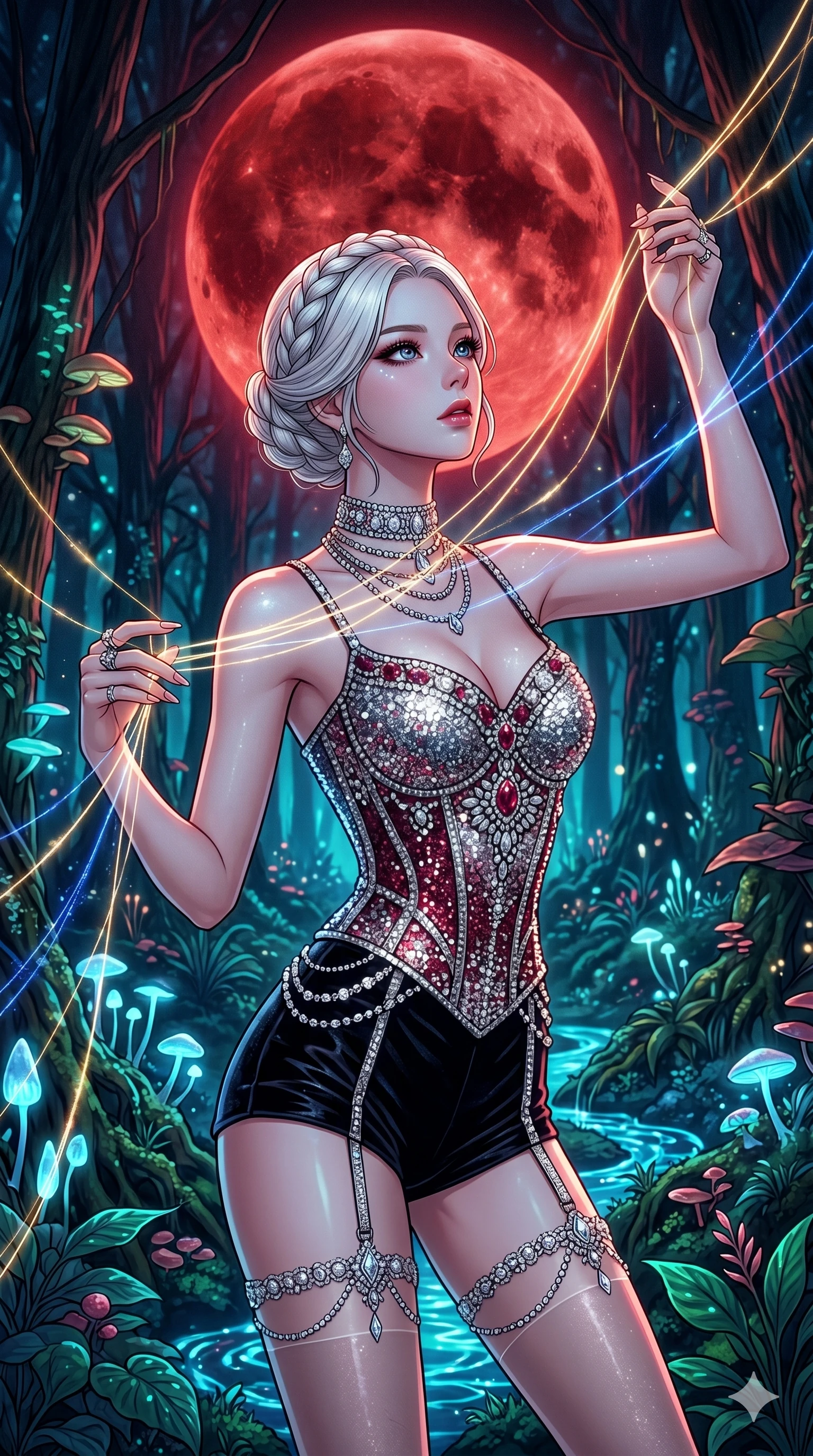 score_9, masterpiece, best quality, ultra-detailed, high-budget anime movie keyframe, cinematic anime lighting, intricate line art, Korean woman. Medium shot of upper body capturing the intricate details of her high-fashion attire. weaving threads of light in a bioluminescent rainforest under a blood moon. She has an absolutely perfect 8-heads proportion, an exceptionally tall and slender female figure with an ultra-slim waist and impossibly long slender legs. sharp v-shaped jawline, high-bridge nose, intricate jewel-like eyes, thick eyelashes, glossy lips. Wearing luxurious K-pop idol stage outfit featuring a sparkling sequined corset, high-cut velvet shorts, and sheer silk stockings with garter belts, accessorized with crystal chokers. The scene is illuminated by dramatic atmospheric lighting and vibrant color palettes. , 2k, ultra detail, master piece, 9:16 ratio