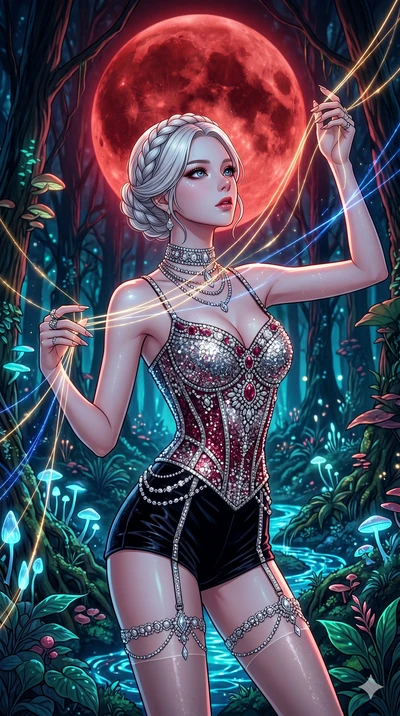 score_9, masterpiece, best quality, ultra-detailed, high-budget anime movie keyframe, cinematic anime lighting, intricate line art, Korean woman. Medium shot of upper body capturing the intricate details of her high-fashion attire. weaving threads of