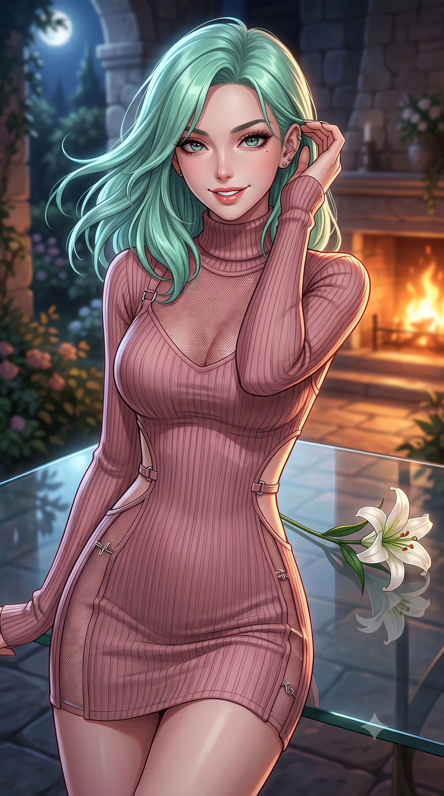 score_9, masterpiece, best quality, ultra-detailed, high-budget anime keyframe, editorial fashion photography, tasteful artistic composition, Japanese woman. close-up cowboy shot from the waist and thighs up, the character dominates the composition, filling the frame with her large presence, background elements kept in soft focus. flashing a warm, intoxicating grin while gently tucking a strand of hair behind her ear set against a soft-focus background of inside an exclusive moonlit garden terrace with a single long-stemmed white lily resting against a polished glass surface. She has an exceptionally elegant, slender, and willowy female figure with an ultra-slim waist, a gracefully sculpted slender torso, and a refined silhouette. sharp v-shaped jawline, high-bridge nose, intricate jewel-like eyes with depth, thick eyelashes, glossy lips with a natural sheen. wearing slim-fit dusty rose contouring mesh form-fitting ribbed knit turtleneck dress outlining her slender silhouette accented with delicate silver hardware. bathed in cozy, flickering fireplace light that paints the room in a warm orange wash. highly saturated vibrant anime colors, detailed shading with soft gradients, rich glossy textures, high-contrast stereoscopic depth, volumetric dynamic lighting, master piece, 9:16 ratio