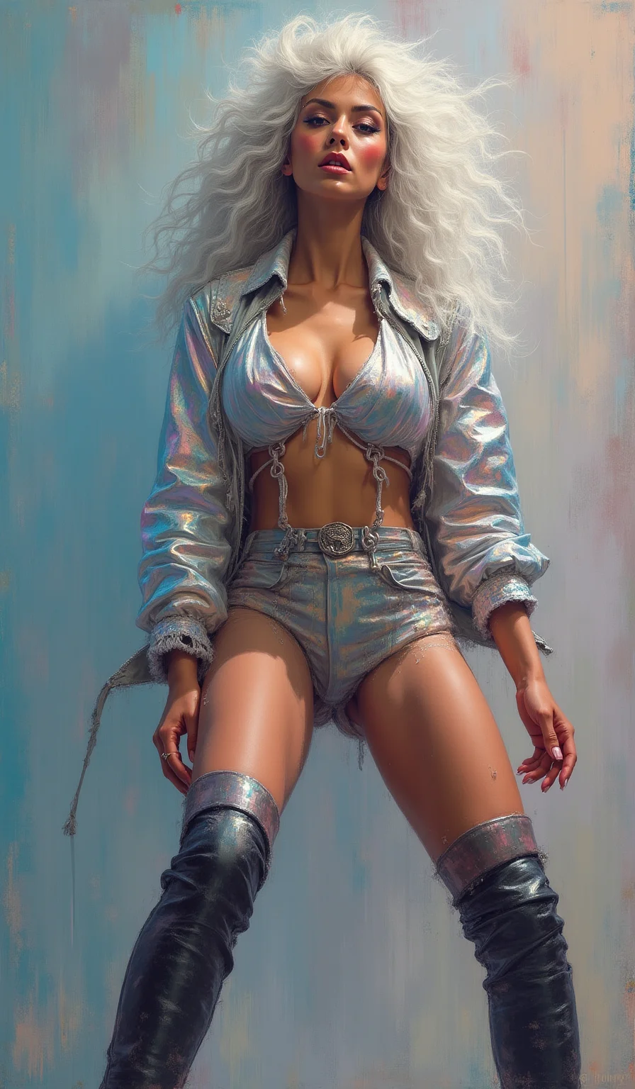 A silver-haired female idol in a post-impressionist expressionist style. She has a dynamic stage energy and highly expressive brushstrokes, wearing a holographic jacket and knee-high boots.