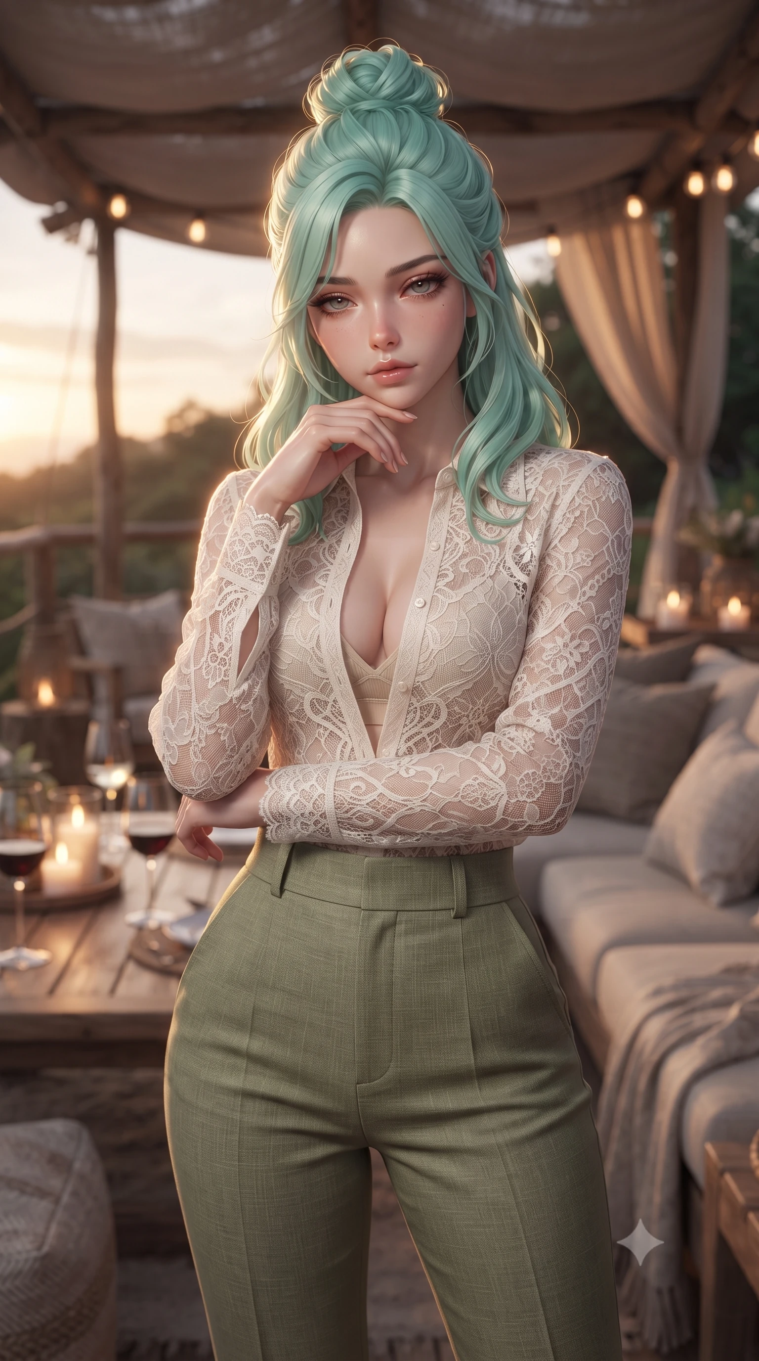 score_9, masterpiece, best quality, ultra-detailed, high-budget anime keyframe, editorial fashion photography, tasteful artistic composition, Japanese woman. close-up cowboy shot from the waist and thighs up, the character dominates the composition, filling the frame with her large presence, background elements kept in soft focus. resting her chin on the backs of her fingers, casting a heavy-lidded, sultry look past the camera the background shows a soft-focus a glamping dining deck with wooden tables, candles, and wine glasses at dusk. She has an exceptionally elegant, slender, and willowy female figure with an ultra-slim waist, a gracefully sculpted slender torso, and a refined silhouette. sharp v-shaped jawline, high-bridge nose, intricate jewel-like eyes with depth, thick eyelashes, glossy lips with a natural sheen. wearing a tailored sheer lace blouse in ivory white, worn over a simple beige bralette and high-waisted linen trousers. warm golden hour sunset tracing her silhouette with a soft glowing rim light. ultra-reflective glossy finish, specular highlights, metallic sheen, high-contrast stereoscopic depth, volumetric dynamic lighting, 2k, ultra detail, master piece, 9:16 ratio