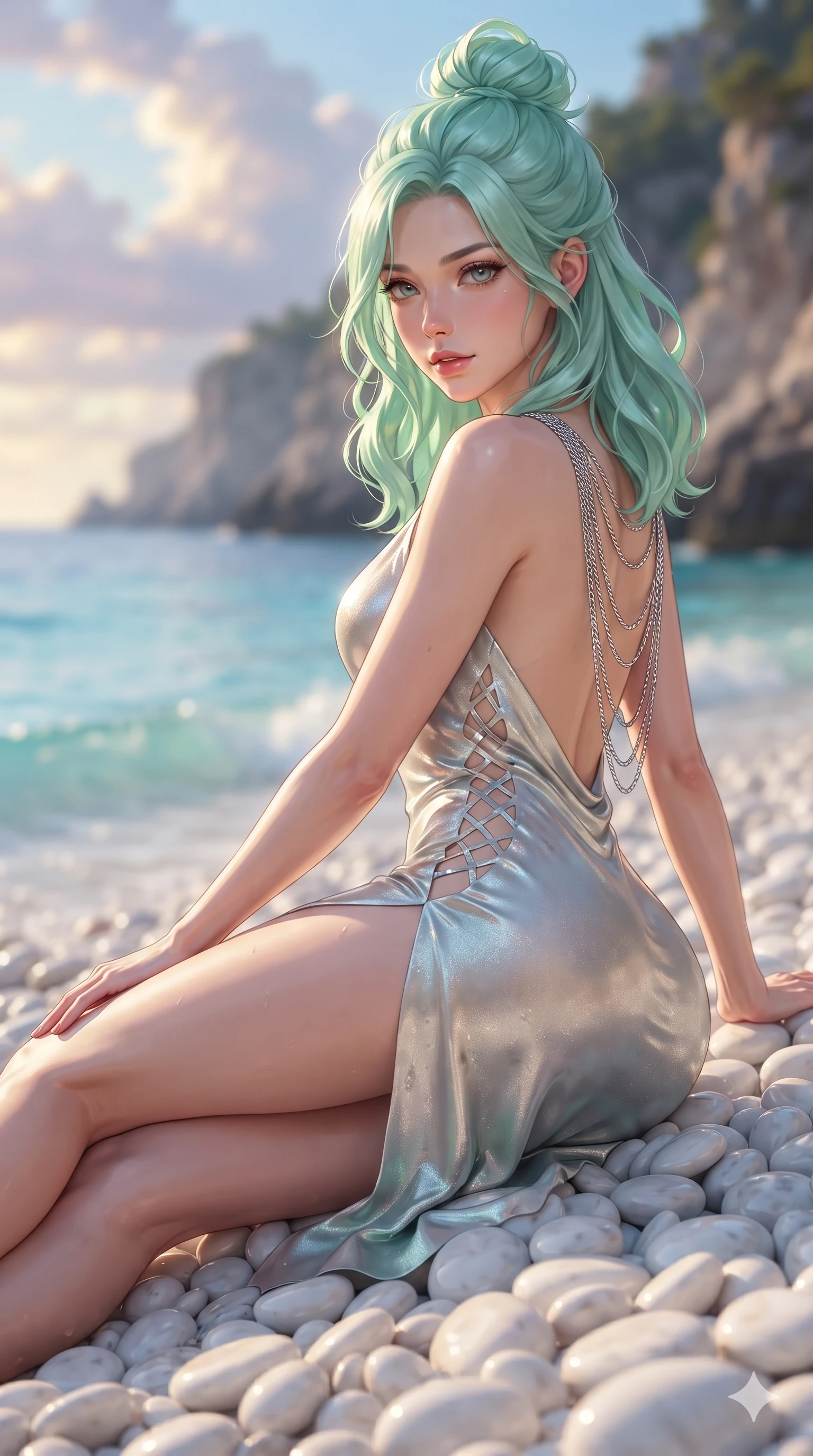 score_9, masterpiece, best quality, ultra-detailed, high-budget anime keyframe, editorial fashion photography, tasteful artistic composition, Japanese woman. close-up cowboy shot from the waist and thighs up, the character dominates the composition, filling the frame with her large presence. leaning forward while arching her lower back to accentuate her curvy hips, looking into the camera with an intoxicating smoldering gaze and bedroom-eyes while lounging across the smooth white marble pebble beach propped on both elbows, her flat midriff and long slender legs bathed in molten golden evening light. The background shows a soft-focus crystalline azure shallows, dramatic coastal sea cliffs, and molten gold evening clouds blurred into turquoise, honey, and lavender bokeh. She has an exceptionally elegant, slender, and willowy female figure with an ultra-slim waist, flat toned midriff, narrow ribcage, and sculpted feminine hips creating an alluring, slim hourglass silhouette without bulk. sharp v-shaped jawline, high-bridge nose, sparkling eyes with hypnotic seductive depth, thick curled eyelashes, glossy parted lips with a natural dewy peach sheen, alluring bedroom-eyes with an enchanting coquettish smile, exuding magnetic siren charisma and sophisticated glamour, flawlessly proportioned anatomical accuracy, strict slender model proportions, natural body alignment, perfectly sculpted long slender limbs, ultra-slim waistline, clean dynamic posture without body distortion. wearing a form-contouring gossamer silk chiffon beach slip dress with a hip-high slit and open cowl back clinging with dewy sea-mist in shimmering silver mercury and sunlit seafoam pearl, adorned with laser-cut diamond side panels revealing teasing glimpses of bare skin, accented with an open-back drape framed by falling strands of delicate chrome chains, the high-slit wrap tailoring accentuating her ultra-slim waistline and the enchanting curve of her feminine hips with alluring seductive charm. illuminated by wet pebble shoreline bounce and sharp honey-gold rim lighting defining her jawline, flat midriff, and voluptuous hip curves. ultra-reflective glossy finish, specular highlights, rich textural contrasts, high-contrast stereoscopic depth, volumetric dynamic lighting, 2k, ultra detail, master piece, 9:16 ratio