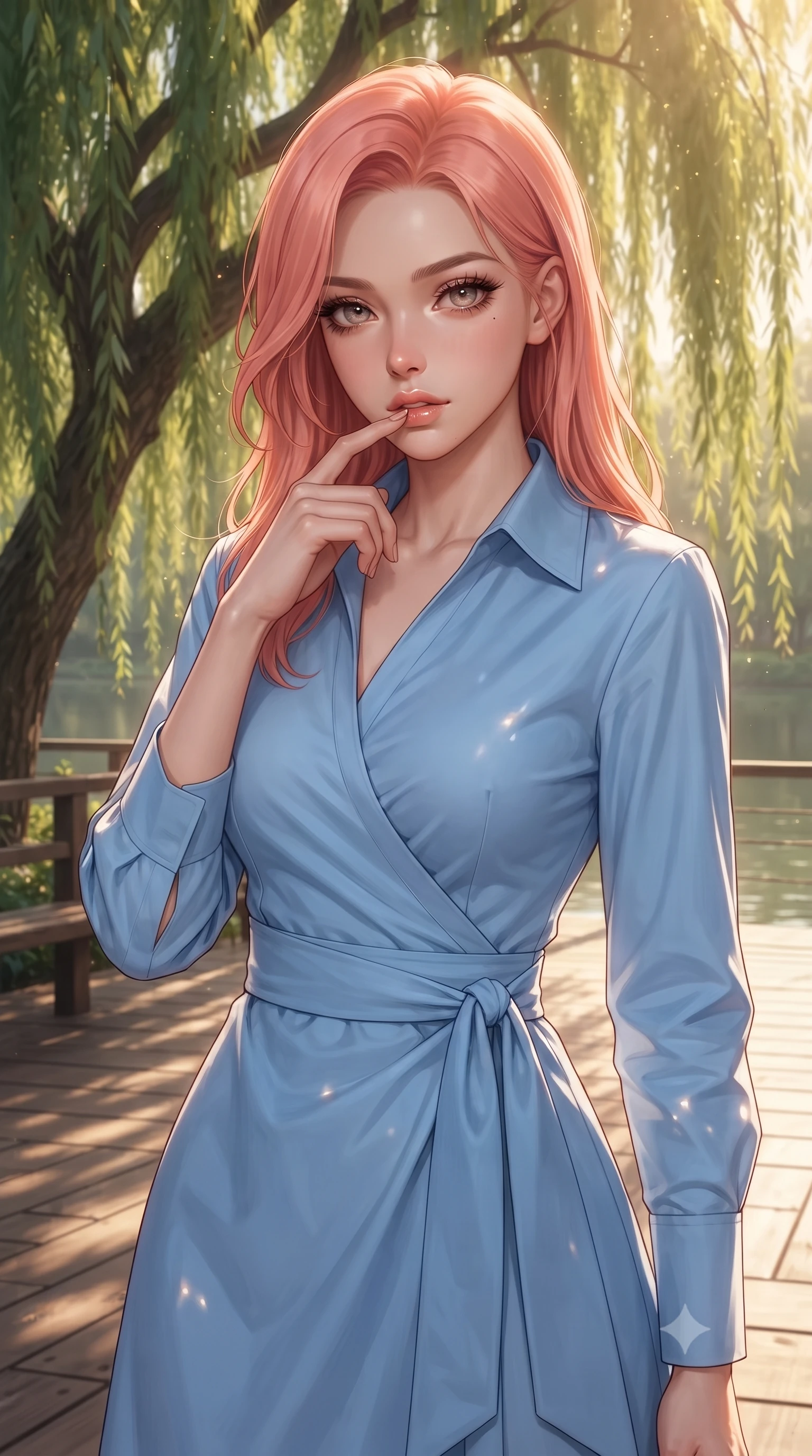 score_9, masterpiece, best quality, ultra-detailed, high-budget anime keyframe, editorial fashion photography, tasteful artistic composition, Japanese woman woman. close-up cowboy shot from the waist and thighs up, the character dominates the composition, filling the frame with her large presence, background elements kept in soft focus. pressing one finger to her bottom lip in a thoughtful, seductive gesture under the warm sun the background shows a soft-focus a wooden deck under a large weeping willow tree near a calm lake in a private park. She has an exceptionally elegant, slender, and willowy female figure with an ultra-slim waist, a gracefully sculpted slender torso, and a refined silhouette. sharp v-shaped jawline, high-bridge nose, intricate jewel-like eyes with depth, thick eyelashes, glossy lips with a natural sheen. wearing a tailored tailored cotton wrap shirt dress in sky blue with a neat collar and structured waist tie. dappled sunbeams filtering through the willow leaves onto the grass. ultra-reflective glossy finish, specular highlights, metallic sheen, high-contrast stereoscopic depth, volumetric dynamic lighting, 2k, ultra detail, master piece, 9:16 ratio
