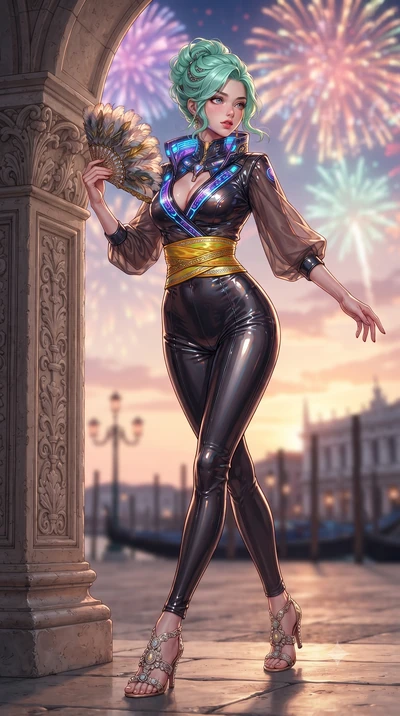 score_9, masterpiece, best quality, ultra-detailed, high-budget anime keyframe, editorial fashion photography, tasteful artistic composition, Japanese woman. low angle full-body shot from head to toe showing her feet, filling the entire 9:16 vertical