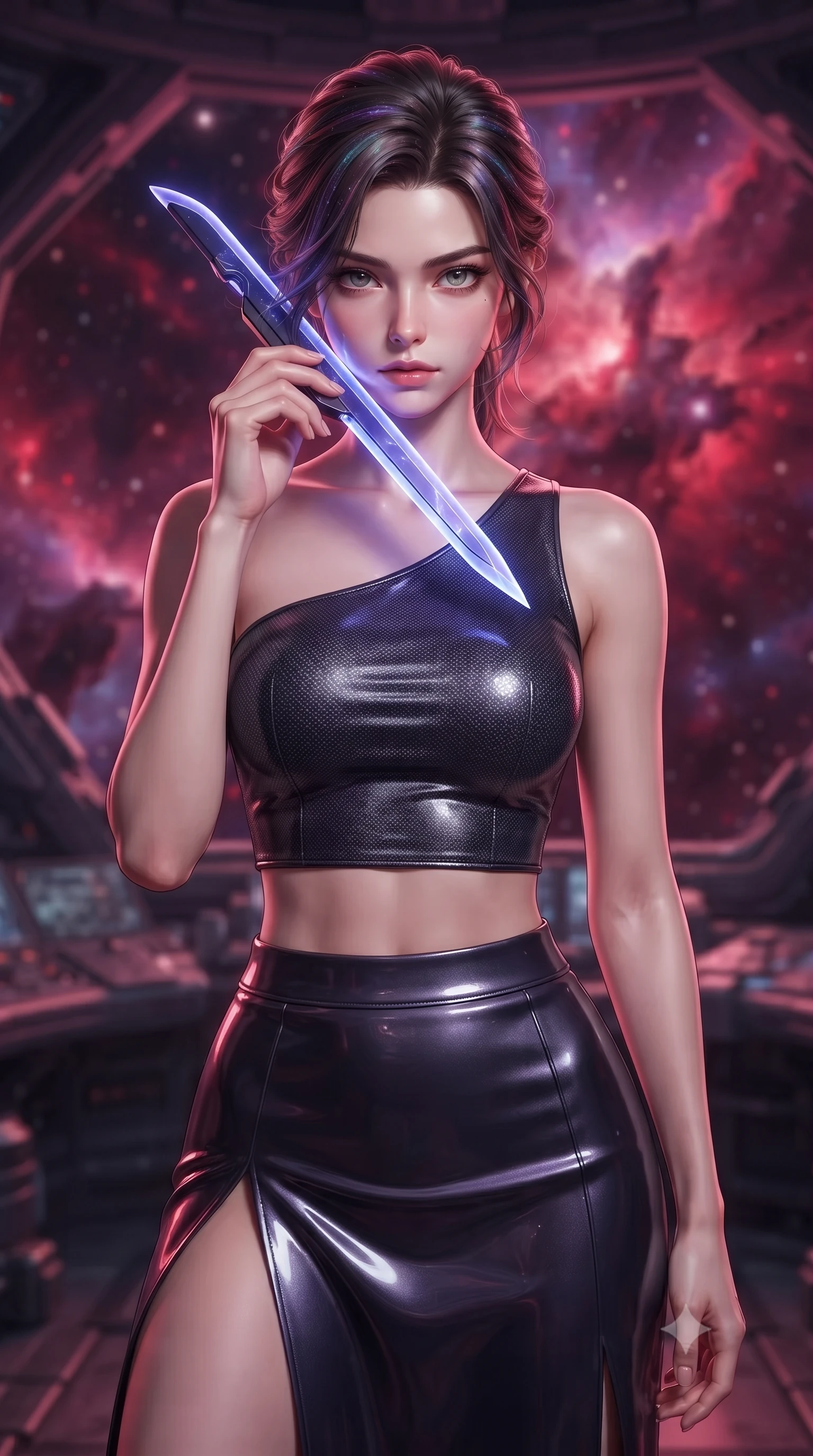 score_9, masterpiece, best quality, ultra-detailed, high-budget anime keyframe, editorial fashion photography, tasteful artistic composition, Korean woman. close-up cowboy shot from the waist and thighs up, the character dominates the composition, filling the frame with her large presence, background elements kept in soft focus. pressing the flat side of a glowing vibro-blade against her cheek, locking eyes with the viewer with bedroom-eyes, the background shows a soft-focus a space cruiser dome balcony looking at a massive crimson cosmic nebula. She has an exceptionally elegant, slender, and willowy female figure with an ultra-slim waist, a gracefully sculpted slender torso, and a refined silhouette. sharp v-shaped jawline, high-bridge nose, intricate jewel-like eyes with depth, thick eyelashes, glossy lips with a natural sheen. wearing a form-contouring asymmetric one-shoulder crop top in carbon knit, paired with a high-slit combat skirt. deep crimson and violet nebula gas light painting the room in a cosmic wash. ultra-reflective glossy finish, specular highlights, metallic sheen, high-contrast stereoscopic depth, volumetric dynamic lighting, 2k, ultra detail, master piece, 9:16 ratio