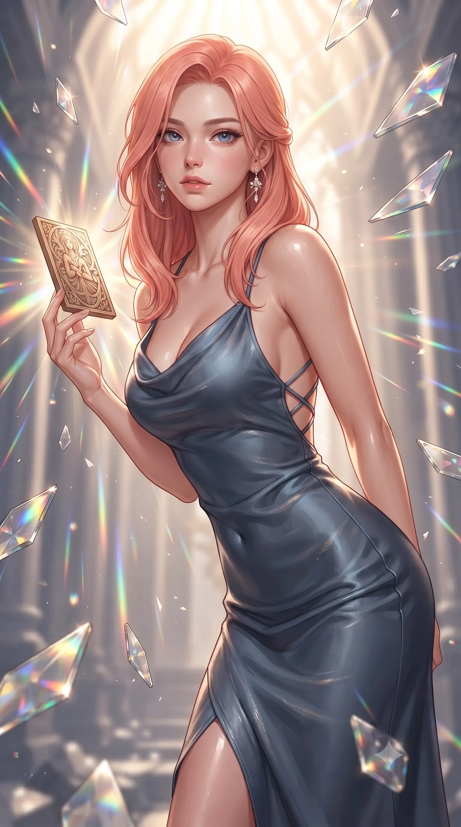 score_9, masterpiece, best quality, ultra-detailed, high-budget anime keyframe, editorial fashion photography, tasteful artistic composition, Japanese woman. close-up cowboy shot from the waist and thighs up, the character dominates the composition, filling the frame with her large presence, background elements kept in soft focus. Leaning slightly forward with a composed, seductive gaze under soft glowing light touching a floating golden icon surrounded by kaleidoscope light rays, shattered glass shards catching bright specular highlights in mid-air. She has an exceptionally elegant, slender, and willowy female figure with an ultra-slim waist, a gracefully sculpted slender torso, and a refined silhouette. sharp v-shaped jawline, high-bridge nose, intricate jewel-like eyes with depth, thick eyelashes, glossy lips with a natural sheen. wearing an elegant cowl-neck satin midi dress with a draped neckline in slate blue and metallic silver, crafted from smooth liquid silk, complemented by criss-cross back straps highlighting her bare shoulders, the sleek second-skin texture accentuating her magnetic presence. surrounded by a glowing divine aura of sunbeams and incense radiance. ultra-reflective glossy finish, specular highlights, metallic sheen, high-contrast stereoscopic depth, volumetric dynamic lighting, 2k, ultra detail, master piece, 9:16 ratio