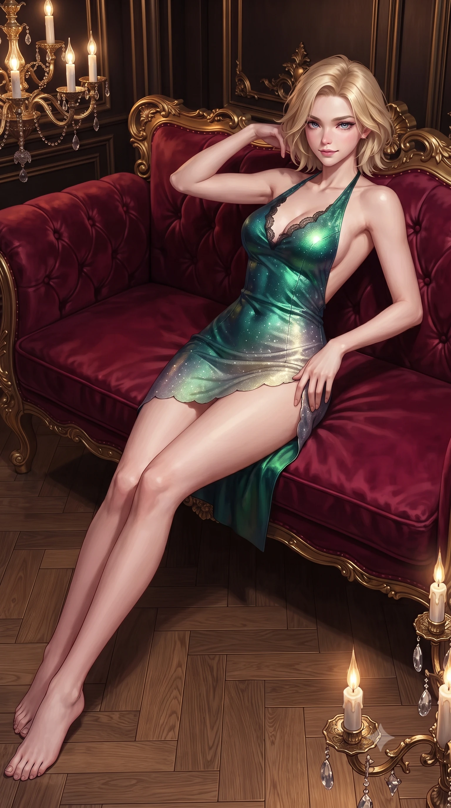 score_9, masterpiece, best quality, ultra-detailed, high-budget anime keyframe, editorial fashion photography, tasteful artistic composition, Caucasian woman. close-up cowboy shot from the waist and thighs up, the character dominates the composition, filling the frame with her large presence. tilting her head with a teasing half-smile, running one hand slowly down the side of her hip in a flirtatious S-curve as ambient light caresses her silhouette while lounging gracefully across the crimson velvet royal throne settee propped on one elbow with legs extended, displaying her long slender limbs and statuesque hourglass silhouette. The surrounding environment is rendered in vivid detail and crisp panoramic clarity: sharp hand-carved gilded gothic leaf tracery, chevron oak parquet wood grain, and brass chandelier candle sockets in deep focus. She has an exceptionally elegant, slender, and willowy female figure with an ultra-slim waist, flat toned midriff, narrow ribcage, and sculpted feminine hips creating an alluring, slim hourglass silhouette without bulk. sharp v-shaped jawline, high-bridge nose, intricate jewel-like sparkling eyes with depth, thick eyelashes, glossy parted lips with a natural peach sheen, bright cheerful beaming smile with an enchanting and coquettish sensual glint, exuding both youthful cute charm and seductive allure, flawlessly proportioned anatomical accuracy, strict slender model proportions, natural body alignment, perfectly sculpted long slender limbs, ultra-slim waistline, clean dynamic posture without body distortion. wearing a provocative backless halterneck silk lamé mini dress with deep scoop back down to her lower spine and thigh-high slit in Arctic aurora borealis emerald and starlight diamond, woven from buttery-soft stretch lambskin leather adhering to her body like a second skin, finished with scalloped eyelash lace trim framing her sweetheart neckline with intimate elegance, the impeccably tailored cut draping gracefully along her slender figure with aristocratic poise. illuminated by parquet reflection bounce and sharp imperial-gold rim lights defining her razor-sharp jawline, narrow waist, and curvy hips. ultra-reflective glossy finish, specular highlights, rich textural contrasts, high-contrast stereoscopic depth, volumetric dynamic lighting, 2k, ultra detail, master piece, 9:16 ratio