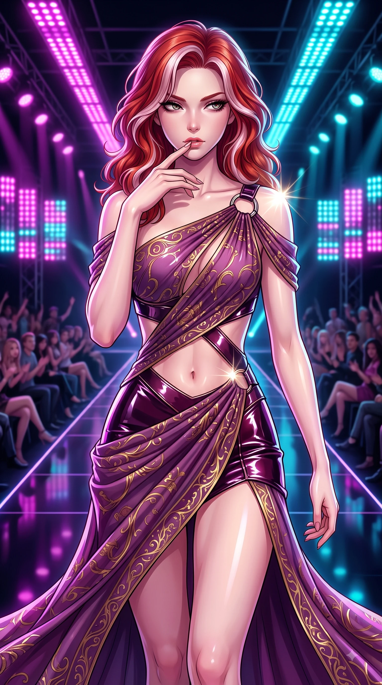 score_9, masterpiece, best quality, ultra-detailed, high-budget anime keyframe, editorial fashion photography, tasteful artistic composition, Caucasian woman. close-up cowboy shot from the waist and thighs up, the character dominates the composition, filling the frame with her large presence, background elements kept in soft focus. Resting two fingers near her glossy lips, casting a sharp mysterious side-gaze during her dynamic motion while walking down a shiny dark stage catwalk under pulsing magenta and cyan LED arrays, metallic harness accents and chrome buckles catching sharp specular sunbursts. She has an exceptionally elegant, slender, and willowy female figure with an ultra-slim waist, a gracefully sculpted slender torso, and a refined silhouette. sharp v-shaped jawline, high-bridge nose, intricate jewel-like eyes with depth, thick eyelashes, glossy lips with a natural sheen, flawlessly proportioned anatomical accuracy, natural body alignment, perfectly sculpted elegant limbs, clean dynamic posture without body distortion. wearing an asymmetrical Grecian draped chiffon gown with a metallic shoulder ring in plum purple and gold filigree, tailored from high-gloss patent leather, featuring subtle geometric cutouts that highlight her ultra-slim midriff, the tailored fabric tightly following every curve of her athletic build. surrounded by an electric, high-energy performer aura with sharp shadows. highly saturated vibrant anime colors, detailed shading with soft gradients, rich glossy textures, high-contrast stereoscopic depth, volumetric dynamic lighting, master piece, 9:16 ratio