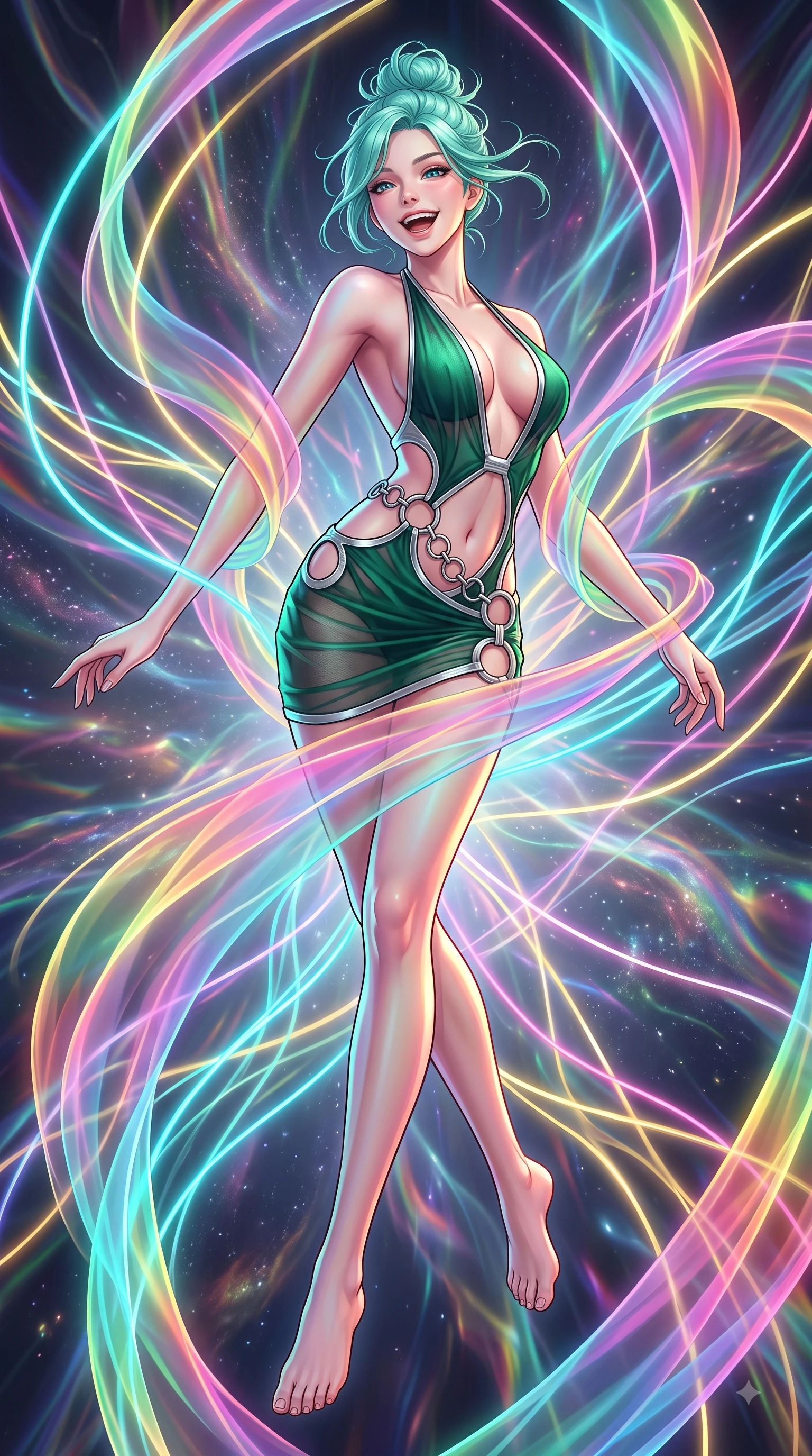 score_9, masterpiece, best quality, ultra-detailed, high-budget anime keyframe, editorial fashion photography, tasteful artistic composition, Japanese woman. low angle full-body shot from head to toe showing her feet, filling the entire 9:16 vertical frame with her statuesque presence, stretching her vertical silhouette. pivoting dynamically in zero-gravity with a delighted laughing expression, displaying her perfect model proportions while spinning in mid-air as translucent rainbow silk ribbons swirl around her with joyful grace, fluorescent cyan, yellow, pink, and gold light threads crossing in 3D space. She has an absolutely perfect, statuesque 8.5-heads proportion, an exceptionally tall and slender model-like female figure with impossibly long slender legs and an ultra-slim waist. sharp v-shaped jawline, high-bridge nose, intricate jewel-like eyes with depth, thick eyelashes, glossy lips with a natural sheen, flawlessly proportioned anatomical accuracy, natural body alignment, perfectly sculpted elegant limbs, clean dynamic posture without body distortion. wearing a deep-scoop halter bodycon dress with hip cutouts connected by silver rings in deep emerald green and silver accent, woven from fine semi-opaque sheer organza, featuring subtle geometric cutouts that highlight her ultra-slim midriff, the glove-like fit emphasizing her statuesque silhouette during motion. illuminated by the brilliant glow of rainbow luminescent plasma threads. highly saturated vibrant anime colors, detailed shading with soft gradients, rich glossy textures, high-contrast stereoscopic depth, volumetric dynamic lighting, master piece, 9:16 ratio
