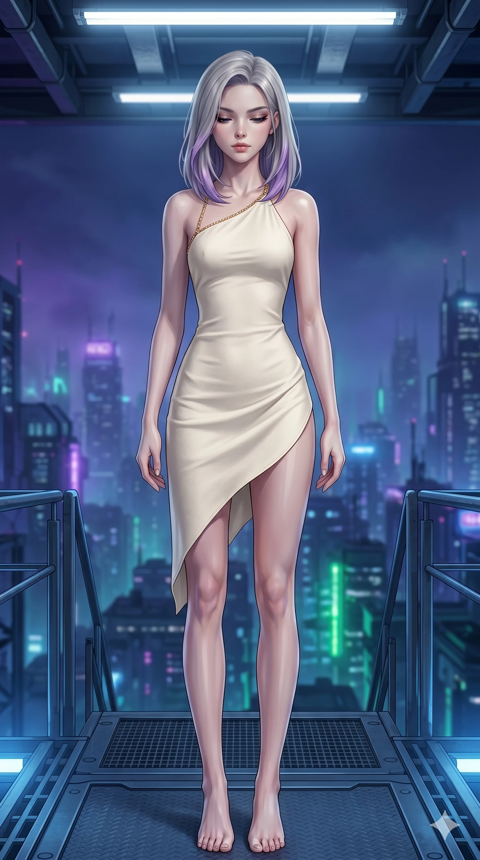 score_9, masterpiece, best quality, ultra-detailed, high-budget anime keyframe, editorial fashion photography, tasteful artistic composition, Caucasian woman, strictly human ears. cowboy shot from the thighs up, character and outfit filling the frame for maximum editorial presence. Looking down with lowered lashes, her expression quiet, powerful, and full of composure on a metal deck overlooking a futuristic city under a blanket of neon fog. She has an absolutely perfect 8-heads proportion, an exceptionally tall and slender female figure with impossibly long slender legs and an ultra-slim waist. V-shaped jawline, high-bridge nose, intricate jewel-like eyes with depth, thick eyelashes, glossy lips with a natural sheen. wearing a minimalist cream-white halter dress with a single gold chain strap and an elevated side hemline. under cold white laboratory lights with soft blue fill lighting, creating a sterile yet beautiful mood. 2k, ultra detail, master piece, 9:16 ratio