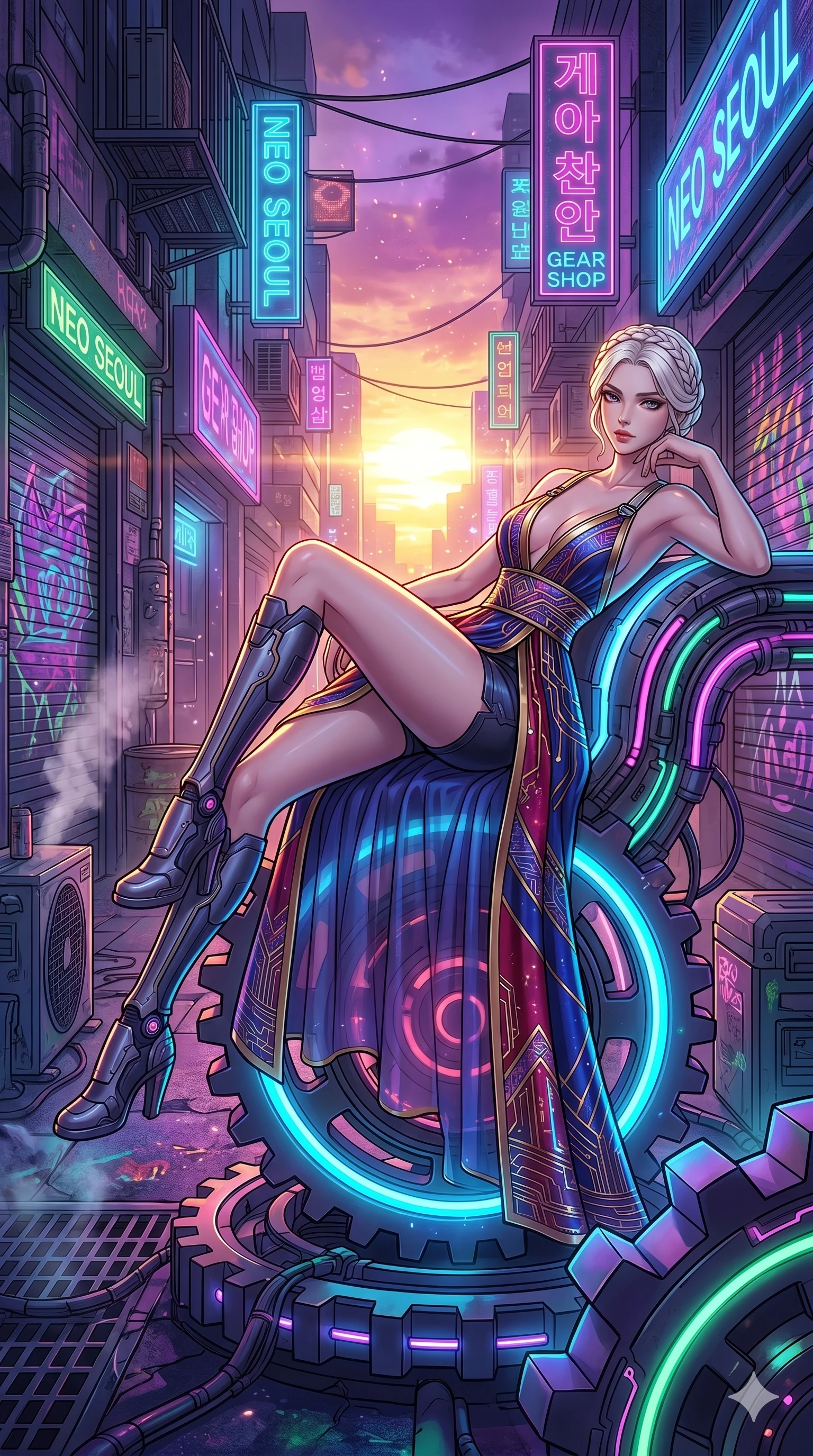 score_9, masterpiece, best quality, ultra-detailed, high-budget anime movie keyframe, cinematic anime lighting, intricate line art, Japanese woman. Dynamic full-body shot stretching the vertical silhouette across the 9:16 frame. resting on a throne of gears in a neon-lit cyberpunk alleyway during a golden sunset. She has an absolutely perfect 8-heads proportion, an exceptionally tall and slender female figure with an ultra-slim waist and impossibly long slender legs. sharp v-shaped jawline, high-bridge nose, intricate jewel-like eyes, thick eyelashes, glossy lips. Wearing modernized deep-plunging silk hanbok-fusion with metallic straps, a high-slit sheer skirt over micro-shorts, and holographic embroidered patterns. The scene is illuminated by dramatic atmospheric lighting and vibrant color palettes. , 2k, ultra detail, master piece, 9:16 ratio