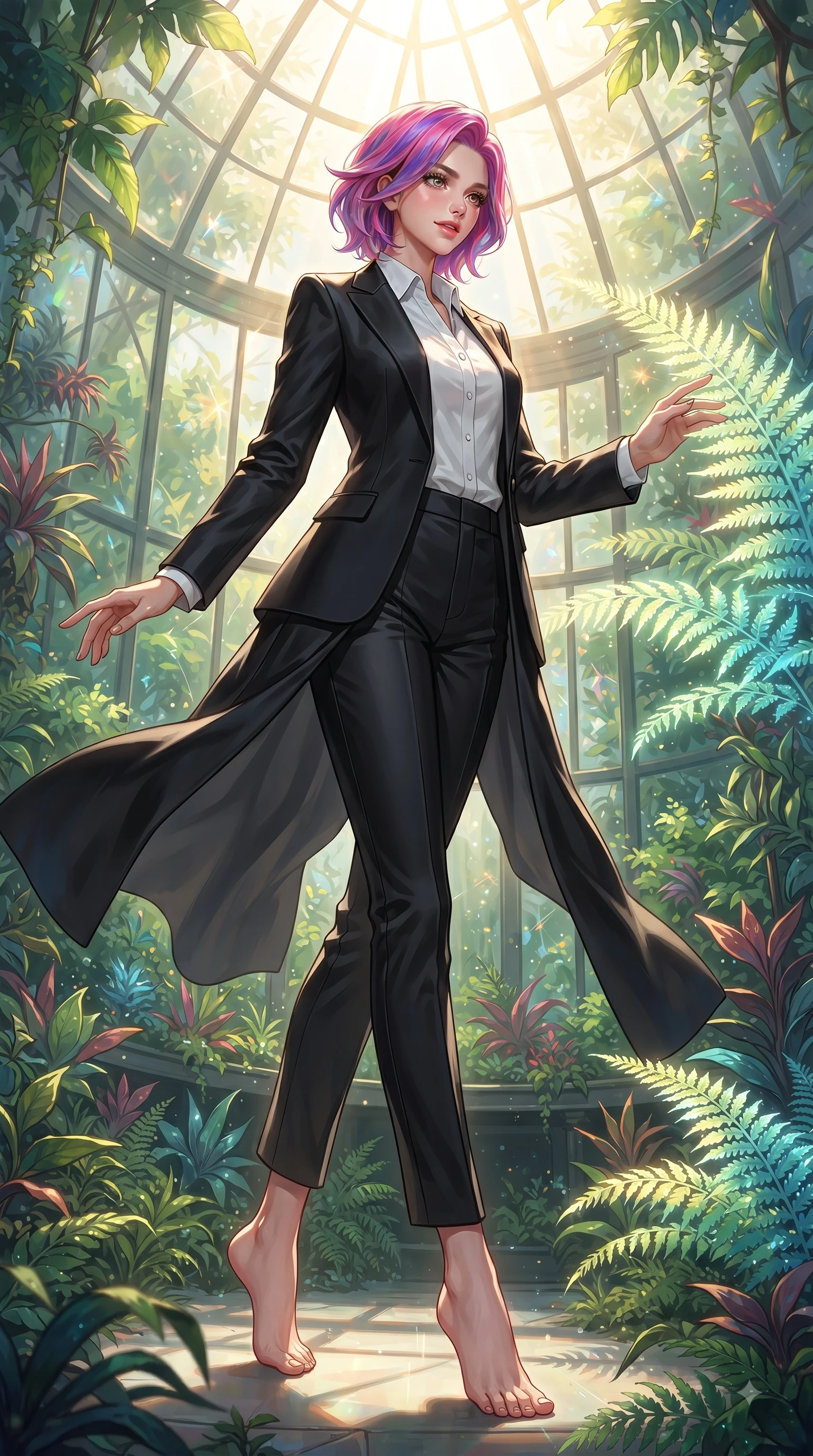 score_9, masterpiece, best quality, ultra-detailed, high-budget anime keyframe, editorial fashion photography, tasteful artistic composition, Caucasian woman. low angle full-body shot from head to toe showing her feet, filling the entire 9:16 vertical frame with her statuesque presence, stretching her vertical silhouette. Radiant anticipation in her face, glowing with hopeful curiosity and warm expectant energy while reaching out elegantly to touch a bioluminescent fern leaf under streaming sunbeams. The surrounding environment is rendered in vivid detail and crisp panoramic clarity. rich emerald green foliage and sunlit glass refractions captured with high environmental clarity. She has an absolutely perfect, statuesque 8.5-heads proportion, an exceptionally tall and slender model-like female figure with impossibly long slender legs and an ultra-slim waist. sharp v-shaped jawline, high-bridge nose, intricate jewel-like eyes with depth, thick eyelashes, glossy lips with a natural sheen, flawlessly proportioned anatomical accuracy, natural body alignment, perfectly sculpted elegant limbs, clean dynamic posture without body distortion. wearing a sleek jet black tailored blazer over a crisp white button-down and trousers in monochrome white and glossy black contrast, crafted from smooth liquid silk satin, complemented by clean architectural seams and subtle cutouts, the fluid drape swaying gracefully with her dynamic editorial movement. bathed in bright golden sunbeams streaming through glasshouse panes. ultra-reflective glossy finish, specular highlights, metallic sheen, high-contrast stereoscopic depth, volumetric dynamic lighting, 2k, ultra detail, master piece, 9:16 ratio