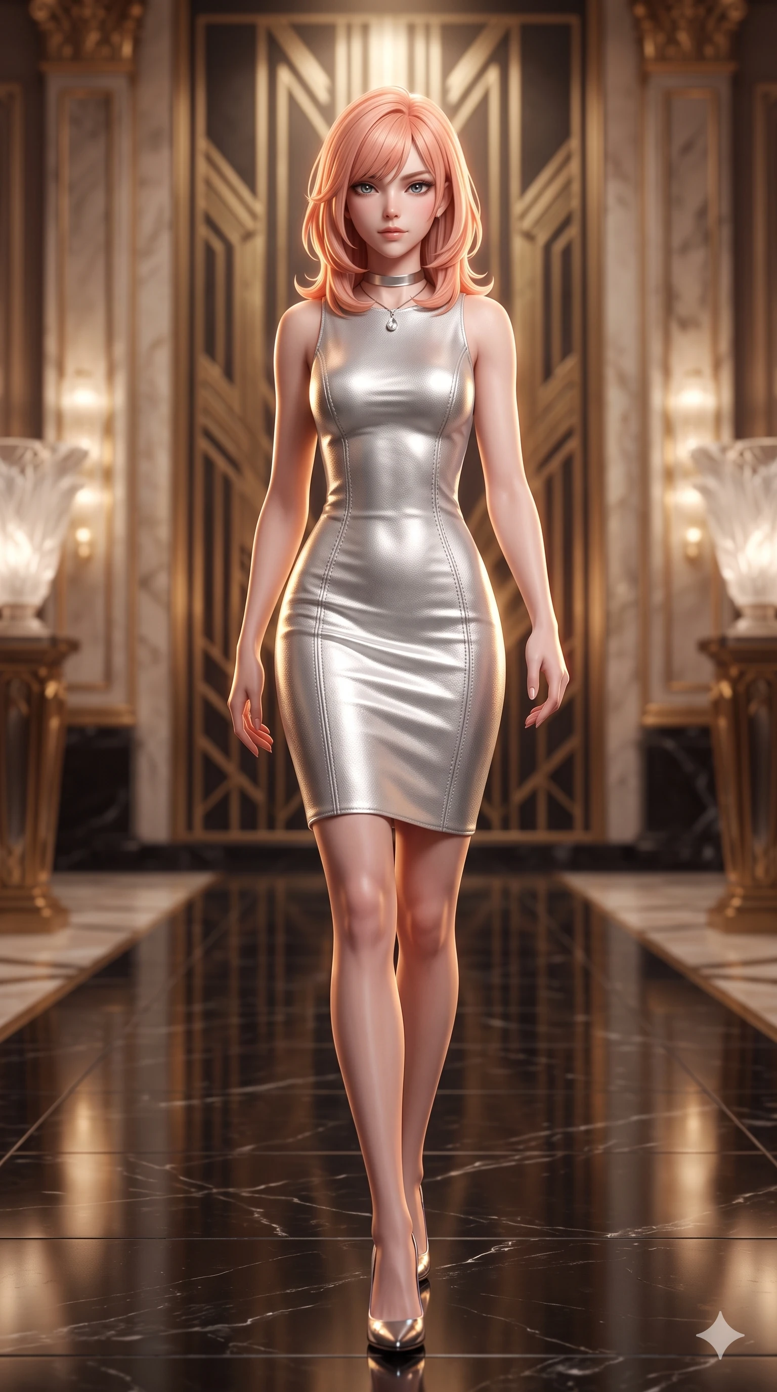 score_9, masterpiece, best quality, ultra-detailed, high-budget anime keyframe, semi-realistic 3D game render, editorial fashion photography, tasteful artistic composition, Japanese woman. low angle full-body shot from head to toe showing her feet, filling the entire 9:16 vertical frame with her statuesque presence, stretching her vertical silhouette. stepping forward in a confident stride, her long slender legs and curvaceous hips creating a dynamic, sweeping vertical line while walking slowly down the polished black marble ballroom aisle with hypnotic grace, hips swaying in an alluring sensual rhythm that accentuates her curvy hourglass silhouette. The background shows a soft-focus towering geometric brass art deco murals, sculpted frosted Lalique glass fixtures, and antique gilded pilasters blurred into champagne, bronze, and cream bokeh. She has an exceptionally tall and slender model-like 8.5-heads proportion, an ultra-slim waist, a flat toned midriff, narrow delicate ribcage, and beautifully sculpted feminine hips creating a graceful, slim hourglass silhouette without any bulky heaviness, with impossibly long slender legs. sharp v-shaped jawline, high-bridge nose, intricate jewel-like sparkling eyes with depth, thick eyelashes, glossy parted lips with a natural sheen, intensely captivating and seductive bedroom-eyes expression, exuding both youthful cute charm and sovereign luxury allure, flawlessly proportioned anatomical accuracy, strict slender model proportions, natural body alignment, perfectly sculpted long slender limbs, ultra-slim waistline, clean dynamic posture without body distortion. wearing a glove-like stretch lambskin leather sheath dress accentuating her ultra-slim waistline without bulk in shimmering silver mercury and pearl white, woven from buttery-soft stretch lambskin leather adhering to her body like a second skin, finished with a minimalist chrome choker and a single teardrop diamond pendant, the glove-like clinging cut tightly following the natural contour of her hips and long slender legs with youthful 8.5-heads elegance. illuminated by black marble floor reflections and sharp gold-amber rim lights sculpting her razor-sharp jawline, narrow waist, and curvy hips. highly saturated vibrant anime colors, detailed shading with soft gradients, rich glossy textures, high-contrast stereoscopic depth, volumetric dynamic lighting, master piece, 9:16 ratio