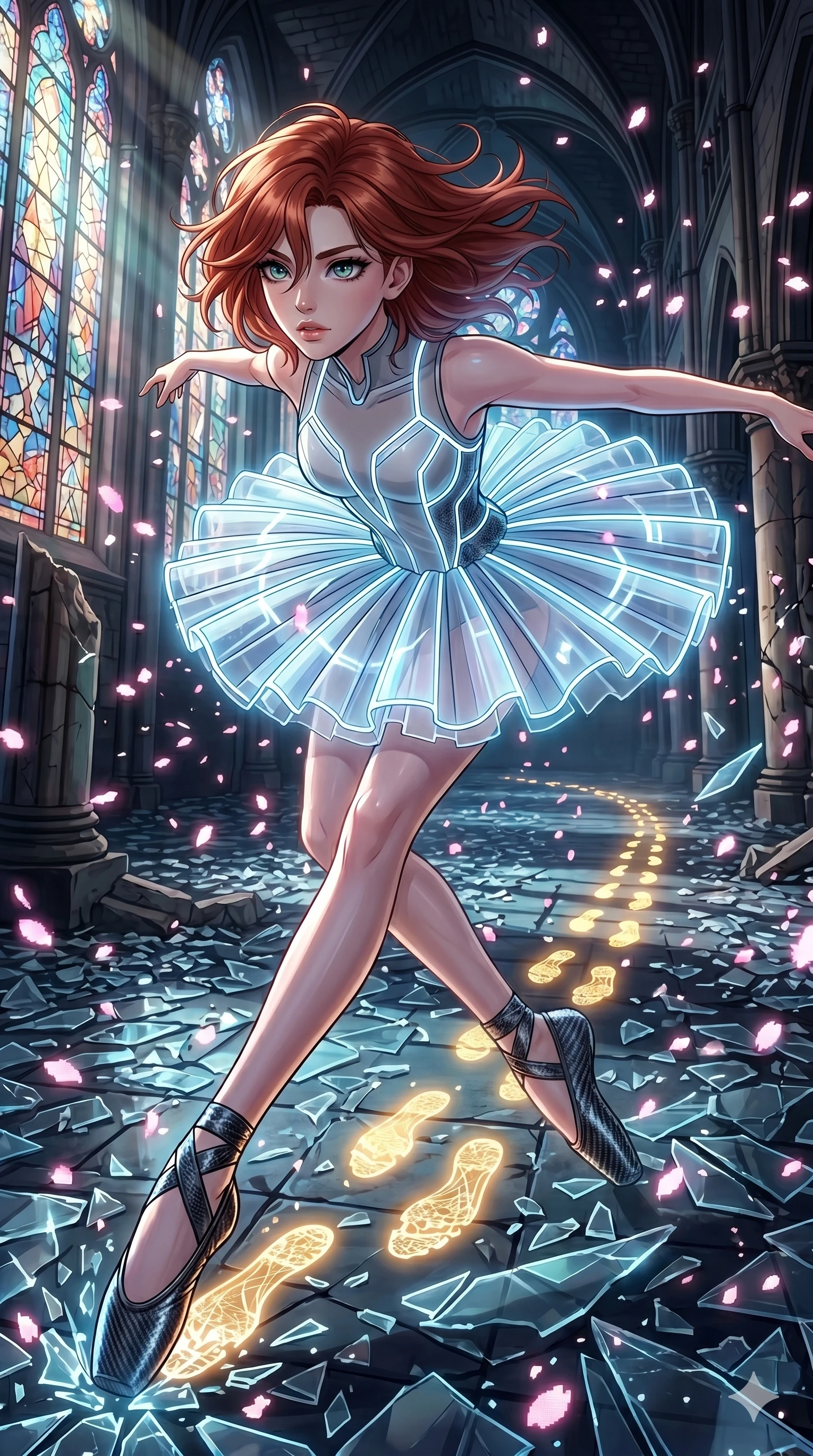 score_9, masterpiece, best quality, ultra-detailed, Set A: High-budget Anime Keyframe, Caucasian (strictly human ears) woman. Upper body close-up from the thighs up, character filling the screen for maximum presence. Sliding through a shattered glass cathedral, as she leaves a trail of 28 glowing footprints and surrounded by digital sakura petals. She has an absolutely perfect 8-heads proportion, an exceptionally tall and slender female figure with impossibly long slender legs and an ultra-slim waist. Sharp v-shaped jawline, high-bridge nose, intricate jewel-like eyes with depth, thick eyelashes, glossy lips with a natural sheen. Wearing Futuristic ballet outfit with a glowing tutu and carbon-fiber pointe shoes. Cinematic lighting, vibrant colors, dramatic shadows, 2k, ultra detail, master piece, 9:16 ratio