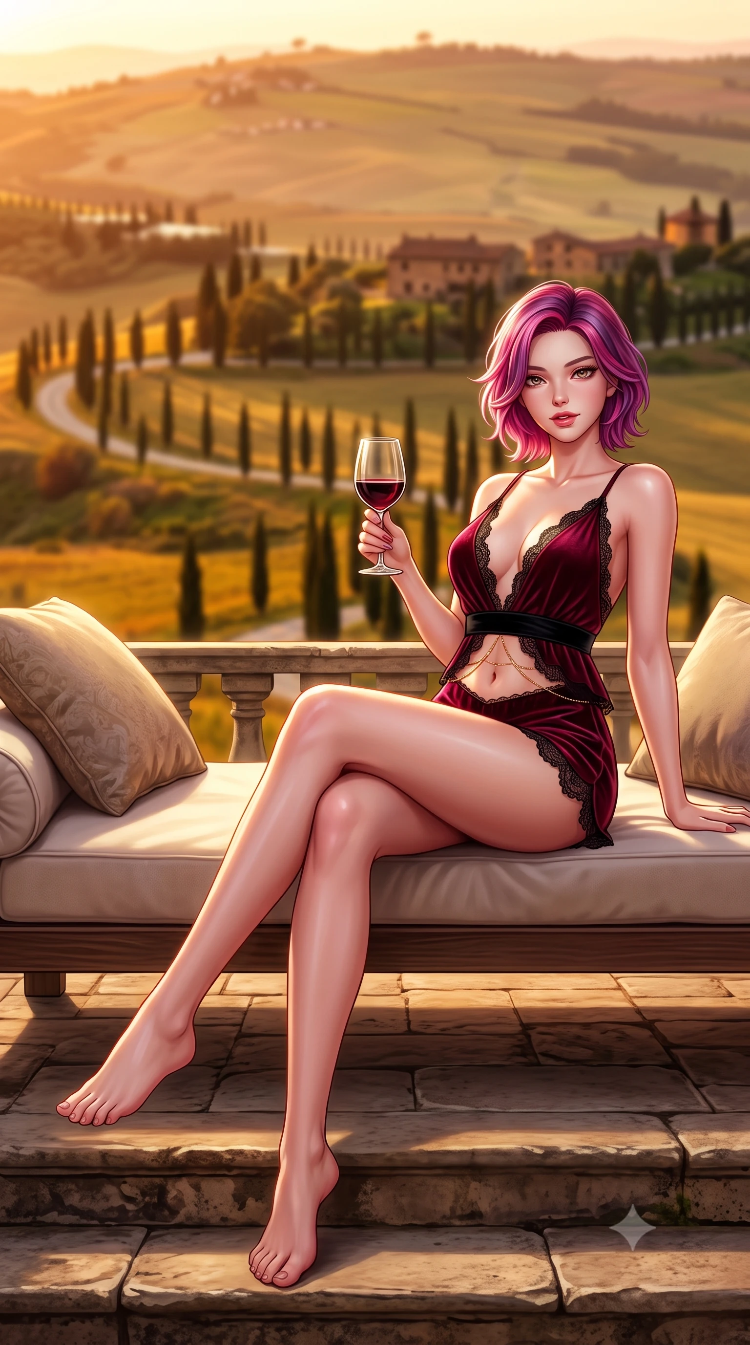 score_9, masterpiece, best quality, ultra-detailed, high-budget anime keyframe, semi-realistic 3D game render, editorial fashion photography, tasteful artistic composition, Caucasian woman. low angle full-body shot from head to toe showing her feet, filling the entire 9:16 vertical frame with her statuesque presence, stretching her vertical silhouette. lounging on the lavish daybed with legs crossed and hips angled toward the camera, displaying her toned midriff and long slender limbs with effortless siren poise while sitting perched on the terrace stone steps with legs crossed, holding a crystal glass of Brunello di Montalcino with an alluring, parted-lip smile. The background shows a soft-focus rolling golden hills of Val d'Orcia, winding rows of dark green cypress trees, and ancient stone farmhouses blurred into amber, terracotta, and olive-gold bokeh. She has an absolutely perfect, statuesque 8.5-heads proportion, an exceptionally tall and slender model-like female figure with impossibly long slender legs, an ultra-slim waist, a flat toned midriff, narrow delicate ribcage, and beautifully sculpted feminine hips creating a graceful, slim hourglass silhouette without any bulky heaviness. sharp v-shaped jawline, high-bridge nose, sparkling eyes with hypnotic seductive depth, thick curled eyelashes, glossy parted lips with a natural dewy peach sheen, alluring bedroom-eyes with an enchanting coquettish smile, exuding magnetic siren charisma and sophisticated glamour, flawlessly proportioned anatomical accuracy, strict slender model proportions, natural body alignment, perfectly sculpted long slender limbs, ultra-slim waistline, clean dynamic posture without body distortion. wearing a plunge-neck stretch velvet romper with scalloped eyelash-lace hems and a cinched waist ribbon in deep bordeaux velvet and delicate black chantilly, made of sheer gossamer chiffon that drapes softly against skin with airy translucence, accented with a dainty gold belly chain resting across her flat midriff and curving hips, the liquid-tight tailored fabric clinging flawlessly to her narrow waist and rounded feminine hips, emphasizing every millimeter of her sculpted slim hourglass curves without any bulky heaviness. bathed in the deep, rich golden hour sunlight streaming horizontally across the Tuscan rolling hills. highly saturated vibrant anime colors, detailed shading with soft gradients, rich glossy textures, high-contrast stereoscopic depth, volumetric dynamic lighting, master piece, 9:16 ratio