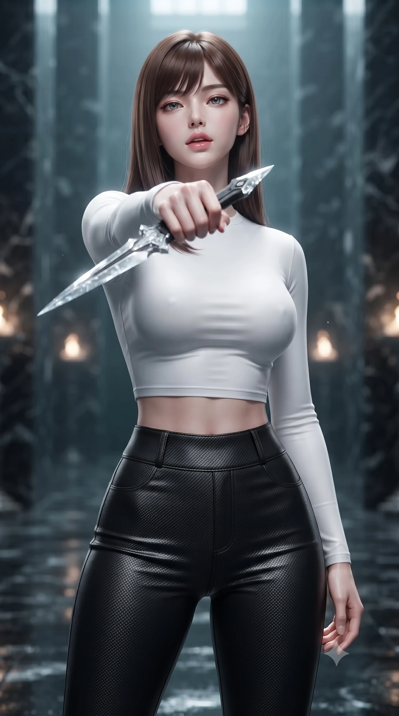 score_9, masterpiece, best quality, ultra-detailed, high-budget anime keyframe, editorial fashion photography, tasteful artistic composition, Korean woman. close-up cowboy shot from the waist and thighs up, the character dominates the composition, filling the frame with her large presence, background elements kept in soft focus. pointing a crystal-edged laser dagger forward in a defensive stance, tilting her chin up slightly with lips parted in a composed pose, the background shows a soft-focus an underwater trench temple built of black marble and pearl inlay. She has an exceptionally elegant, slender, and willowy female figure with an ultra-slim waist, a gracefully sculpted slender torso, and a refined silhouette. sharp v-shaped jawline, high-bridge nose, intricate jewel-like eyes with depth, thick eyelashes, glossy lips with a natural sheen. wearing a body-hugging body-hugging long-sleeve tactical crop top in pure white, paired with high-waisted black carbon-weave skinny pants. soft flickering light from glowing lichen reflecting off the wet marble walls. ultra-reflective glossy finish, specular highlights, metallic sheen, high-contrast stereoscopic depth, volumetric dynamic lighting, 2k, ultra detail, master piece, 9:16 ratio