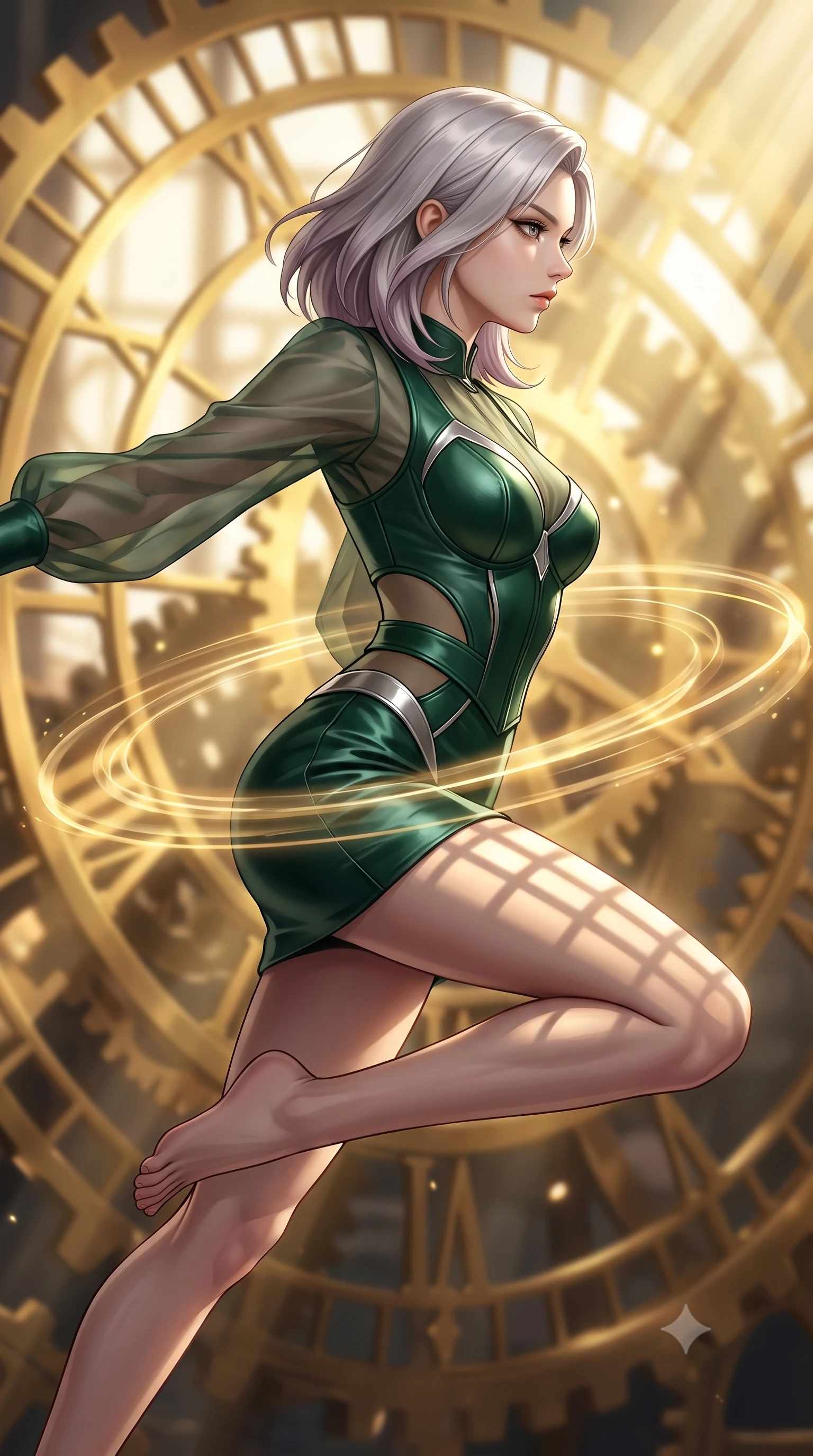 score_9, masterpiece, best quality, ultra-detailed, high-budget anime keyframe, editorial fashion photography, tasteful artistic composition, Caucasian woman. close-up cowboy shot from the waist and thighs up, the character dominates the composition, filling the frame with her large presence, background elements kept in soft focus. Turning her face in sharp profile while her upper body leans forward with poised athletic grace while leaping through intense volumetric sunbeams filtering through a giant golden solar clockwork, translucent golden energy rings orbiting around her slender waist in mid-air. She has an exceptionally elegant, slender, and willowy female figure with an ultra-slim waist, a gracefully sculpted slender torso, and a refined silhouette. sharp v-shaped jawline, high-bridge nose, intricate jewel-like eyes with depth, thick eyelashes, glossy lips with a natural sheen, flawlessly proportioned anatomical accuracy, natural body alignment, perfectly sculpted elegant limbs, clean dynamic posture without body distortion. wearing a tailored leather bustier over a sheer silk chiffon blouse in deep emerald green and silver accent, crafted from lustrous satin jersey with fluid draping, featuring clean architectural cutouts along her slender torso, the sleek second-skin texture accentuating her magnetic presence. illuminated by a majestic golden key light casting sharp dynamic shadow grids. highly saturated vibrant anime colors, detailed shading with soft gradients, rich glossy textures, high-contrast stereoscopic depth, volumetric dynamic lighting, master piece, 9:16 ratio