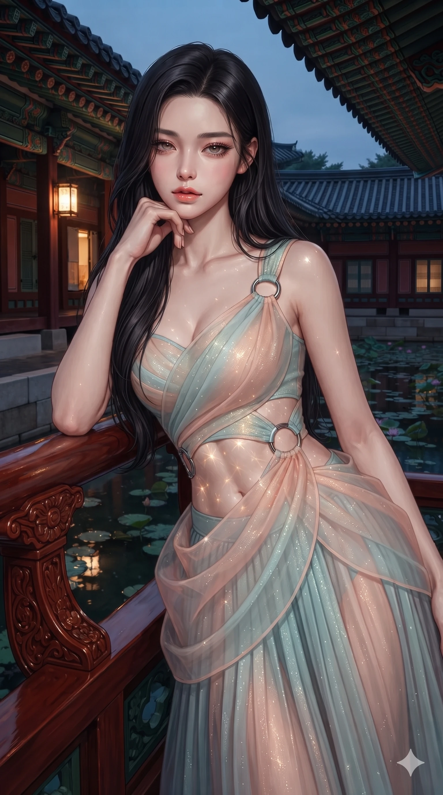score_9, masterpiece, best quality, ultra-detailed, high-budget anime keyframe, editorial fashion photography, tasteful artistic composition, Korean woman. close-up cowboy shot from the waist and thighs up, the character dominates the composition, filling the frame with her large presence. resting one elbow on the lacquered balustrade and supporting her chin, leaning close to the camera with heavy-lidded sparkling eyes and parted lips while twisting her slender torso in an alluring contrapposto stance, shimmering water refractions from the lotus pool dancing across her flat midriff. The surrounding environment is rendered in vivid detail and crisp panoramic clarity: detailed fusion hanbok bustier tailoring, micro-pleated skirt drape, and palace architecture in razor-sharp clarity. She has an exceptionally elegant, slender, and willowy female figure with an ultra-slim waist, flat toned midriff, narrow ribcage, and sculpted feminine hips creating an alluring, slim hourglass silhouette without bulk. sharp v-shaped jawline, high-bridge nose, sparkling eyes with hypnotic seductive depth, thick curled eyelashes, glossy parted lips with a natural dewy peach sheen, alluring bedroom-eyes with an enchanting coquettish smile, exuding magnetic siren charisma and sophisticated glamour, flawlessly proportioned anatomical accuracy, strict slender model proportions, natural body alignment, perfectly sculpted long slender limbs, ultra-slim waistline, clean dynamic posture without body distortion. wearing a provocative sheer nobang organza wrap overskirt layered over a form-fitting silk leotard with bare hip flanks in pastel peach blossom and celadon porcelain blue, woven from metallic lurex thread casting radiant starlight glints across her silhouette, accented with sculptural chrome hardware rings framing the subtle cutouts, the form-contouring silhouette accentuating her sculpted flat midriff, narrow delicate ribcage, and gracefully curvy hips with intoxicating allure. illuminated by dark water reflection bounce and sharp silver-rose rim lights defining her razor-sharp jawline, narrow waist, and curvy hips. ultra-reflective glossy finish, specular highlights, rich textural contrasts, high-contrast stereoscopic depth, volumetric dynamic lighting, 2k, ultra detail, master piece, 9:16 ratio
