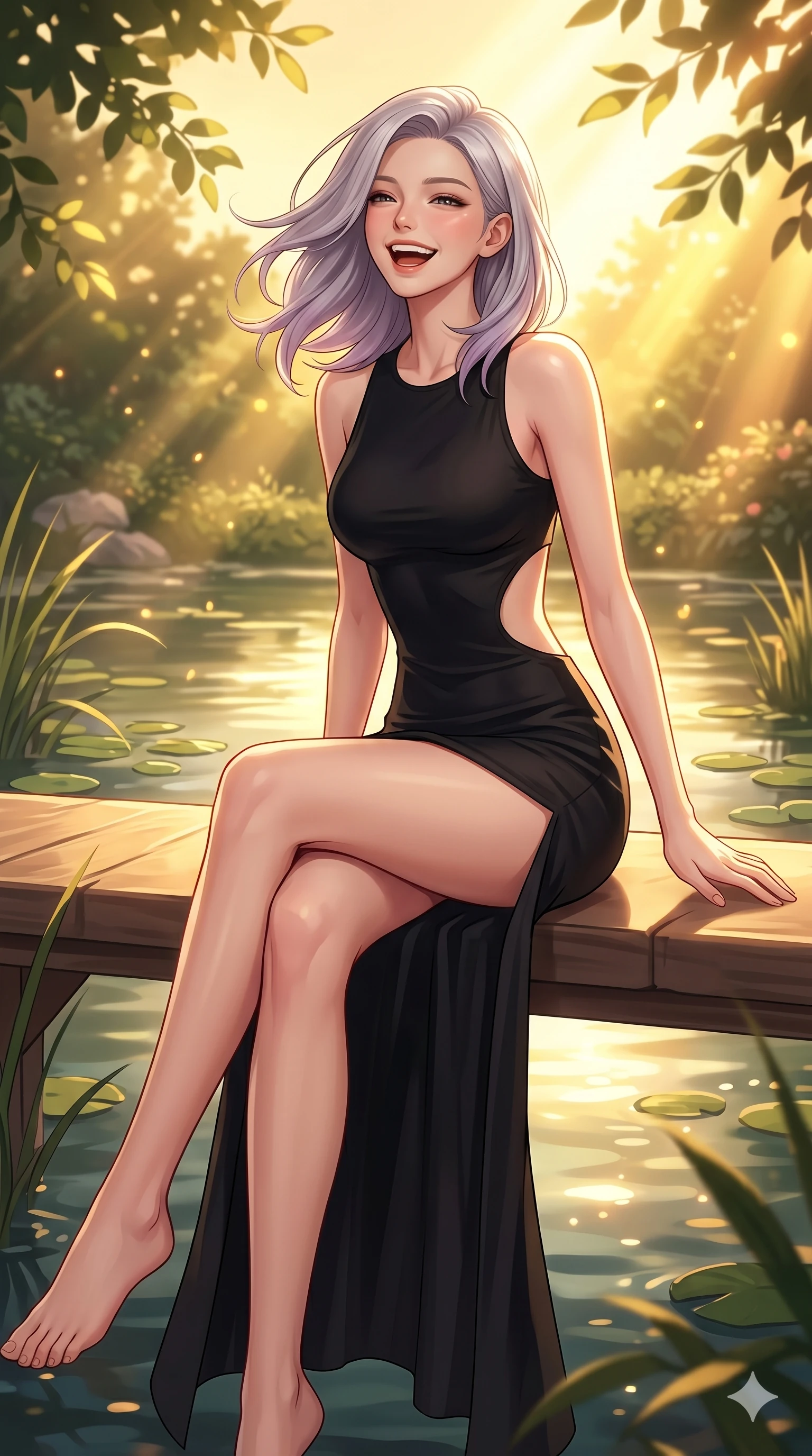 score_9, masterpiece, best quality, ultra-detailed, high-budget anime keyframe, vibrant anime aesthetic, Caucasian woman, strictly human ears. cowboy shot from the thighs up, character and outfit filling the frame for maximum presence. She is sitting by the garden pond, laughing wind-swept and happy in the sunbeams inside a high-fashion editorial set with warm spot lights (Code-P20-075). She has an absolutely perfect 8-heads proportion, an exceptionally tall and slender female figure with impossibly long slender legs and an ultra-slim waist. V-shaped jawline, high-bridge nose, intricate jewel-like eyes with depth, thick eyelashes, glossy lips with a natural sheen. wearing a bodycon dress with side cut-outs and high-slit leg line. She is brilliant golden rays radiating from the spring sky, creating a warm glowing atmosphere. 2k, ultra detail, master piece, 9:16 ratio