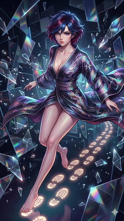 score_9, masterpiece, best quality, ultra-detailed, Set A: High-budget Anime Keyframe, Japanese woman. Upper body close-up from the thighs up, character filling the screen for maximum presence. Sliding through a dimension of floating mirrors, as she 