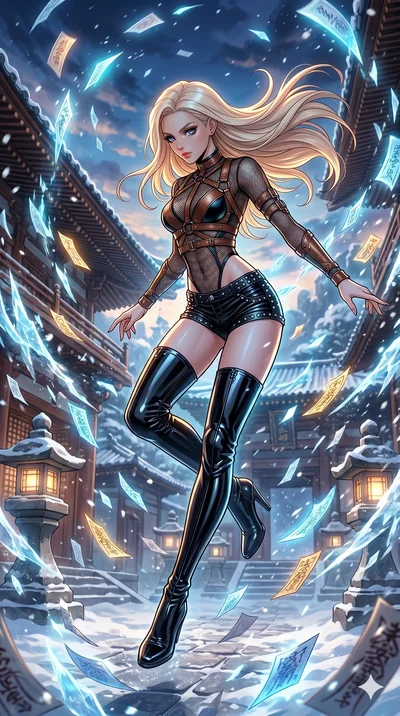 score_9, masterpiece, best quality, ultra-detailed, high-budget anime movie keyframe, cinematic anime lighting, intricate line art, Caucasian (strictly human ears) anime girl. Mid-air action shot capturing a graceful twist and vertical silhouette. co