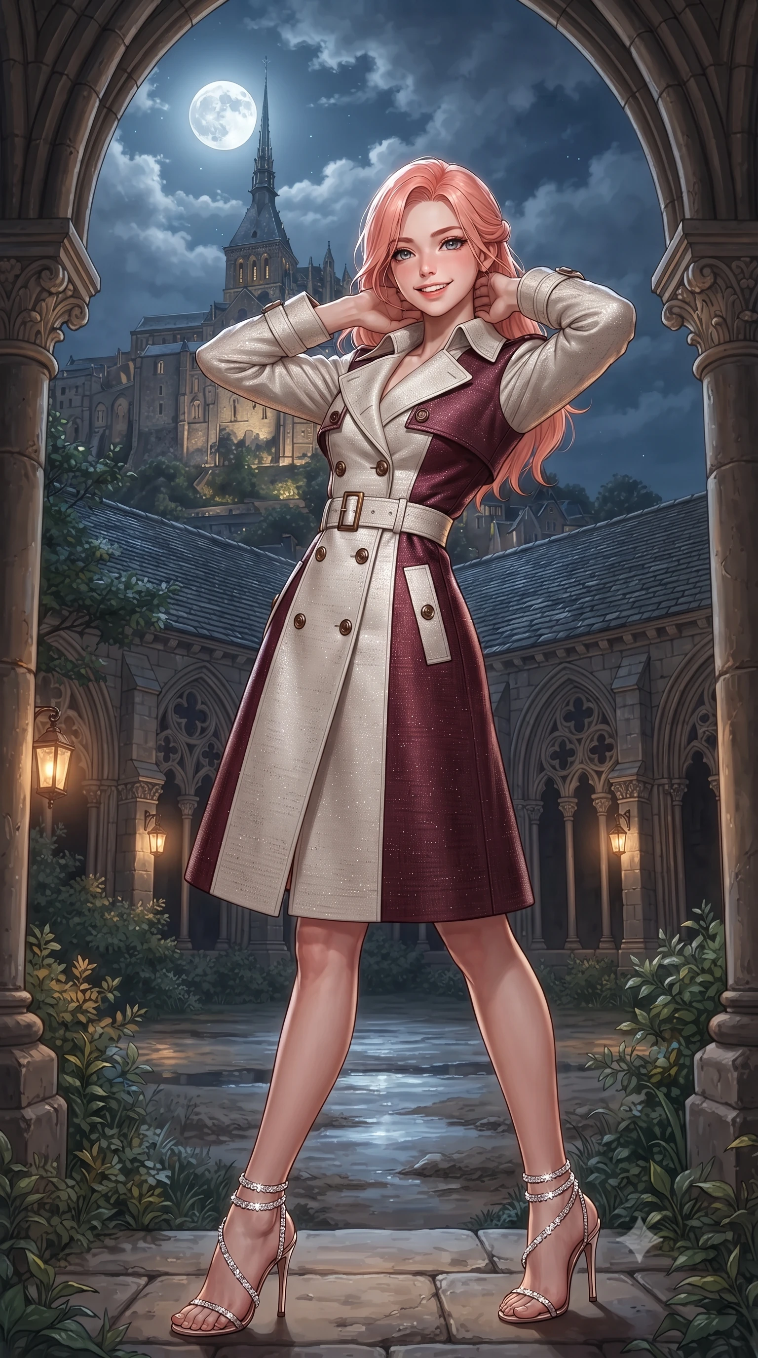 score_9, masterpiece, best quality, ultra-detailed, high-budget anime keyframe, editorial fashion photography, tasteful artistic composition, Japanese woman. close-up cowboy shot from the waist and thighs up, the character dominates the composition, filling the frame with her large presence. resting both hands lightly behind her neck with elbows raised, arching her spine to highlight her narrow waist, flat midriff, and breathtaking collarbones while standing centered in the secluded open-air medieval cloister garden suspended 80 meters above the bay, arching her lower back with sovereign diva charisma as the abbey spire pierces the moonlit clouds. The surrounding environment is rendered in vivid detail and crisp panoramic clarity: detailed garment tailoring, delicate trims, and 13th-century UNESCO gothic architecture in high resolution. She has an exceptionally elegant, slender, and willowy female figure with an ultra-slim waist, flat toned midriff, narrow ribcage, and sculpted feminine hips creating an alluring, slim hourglass silhouette without bulk. sharp v-shaped jawline, high-bridge nose, intricate jewel-like sparkling eyes with depth, thick eyelashes, glossy parted lips with a natural peach sheen, bright cheerful beaming smile with an enchanting and coquettish sensual glint, exuding both youthful cute charm and seductive allure, flawlessly proportioned anatomical accuracy, strict slender model proportions, natural body alignment, perfectly sculpted long slender limbs, ultra-slim waistline, clean dynamic posture without body distortion. wearing a structured Tulum raw silk safari trench coat with horn buttons and storm flaps in Belvedere ivory pearl and Habsburg bordeaux wine, woven from structured British tweed with subtle metallic flecks, complemented by strappy stiletto sandals with crystal ankle wraps accentuating her slender calves, the bespoke structured tailoring following the natural line of her 8.5-heads silhouette with refined elegance. bathed in the mystical silver 5200K illumination of the full moon reflected across tidal sands mixed with soft amber cloister lanterns. ultra-reflective glossy finish, specular highlights, rich textural contrasts, high-contrast stereoscopic depth, volumetric dynamic lighting, 2k, ultra detail, master piece, 9:16 ratio