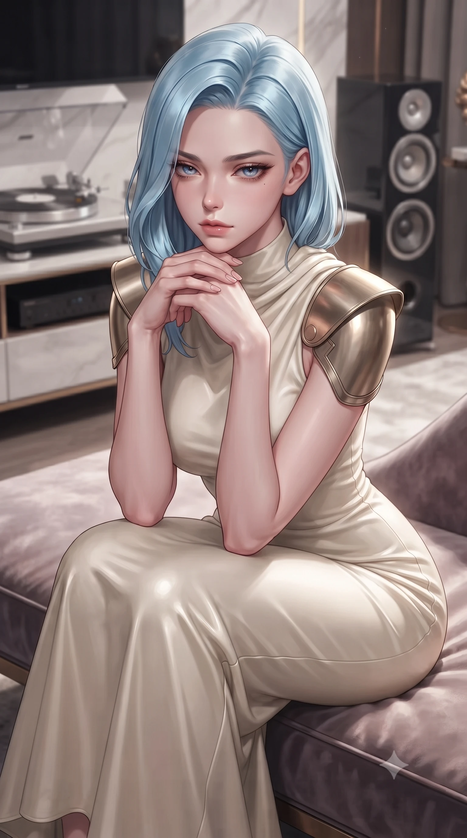 score_9, masterpiece, best quality, ultra-detailed, high-budget anime keyframe, editorial fashion photography, tasteful artistic composition, Korean woman. close-up cowboy shot from the waist and thighs up, the character dominates the composition, filling the frame with her large presence, background elements kept in soft focus. resting her chin on the backs of her fingers, casting a heavy-lidded, sultry look past the camera the background shows a soft-focus a luxury penthouse lounge with a modern turntable and high-end audio speakers. She has an exceptionally elegant, slender, and willowy female figure with an ultra-slim waist, a gracefully sculpted slender torso, and a refined silhouette. sharp v-shaped jawline, high-bridge nose, intricate jewel-like eyes with depth, thick eyelashes, glossy lips with a natural sheen. wearing a form-contouring elegant galactic senate gown in cream cashmere, featuring structured metallic gold shoulder guards and a high-neck drape. soft spotlighting highlighting the silk textures of her gown. ultra-reflective glossy finish, specular highlights, metallic sheen, high-contrast stereoscopic depth, volumetric dynamic lighting, 2k, ultra detail, master piece, 9:16 ratio