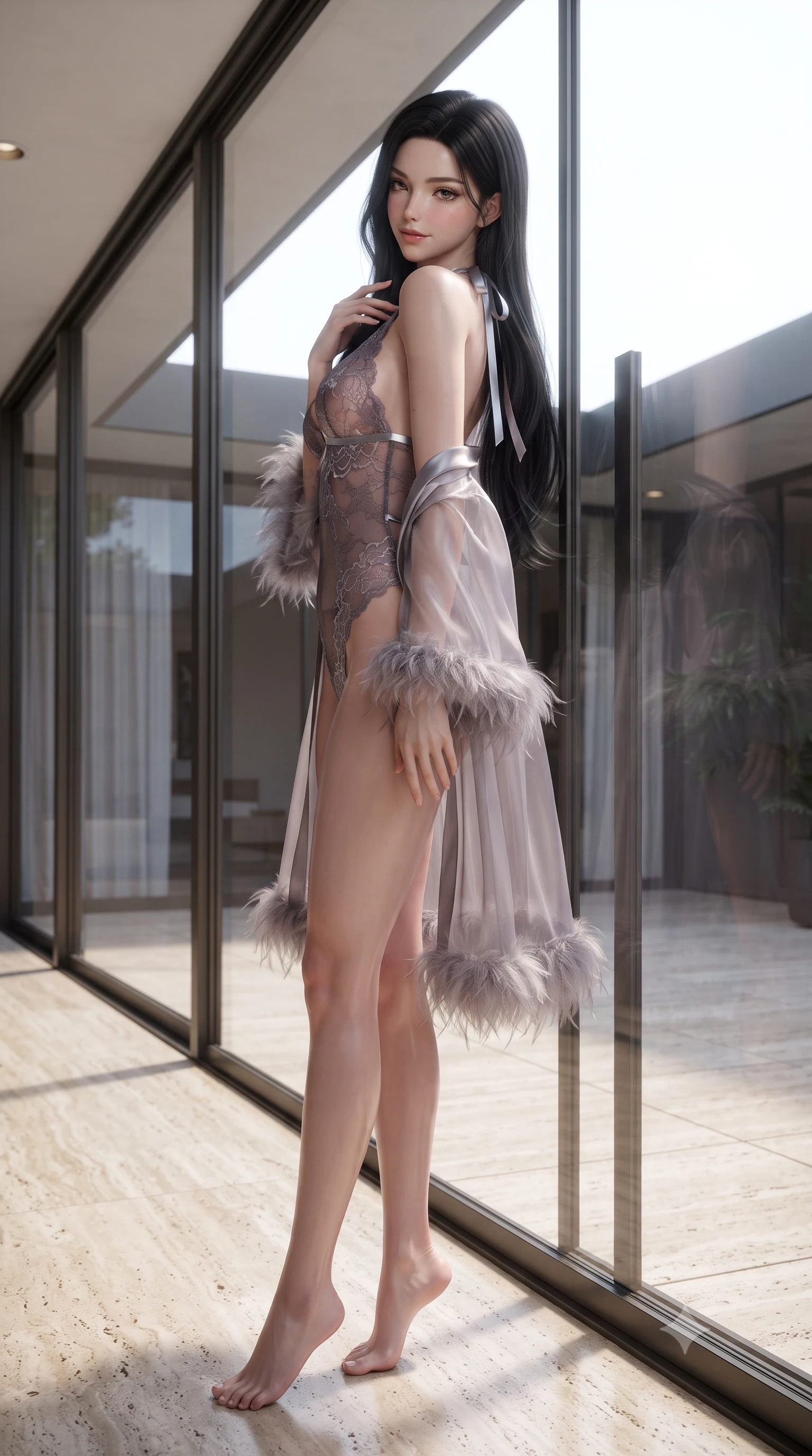 score_9, masterpiece, best quality, ultra-detailed, high-budget anime keyframe, editorial fashion photography, tasteful artistic composition, Korean woman. low angle full-body shot from head to toe showing her feet, filling the entire 9:16 vertical frame with her statuesque presence, stretching her vertical silhouette. posing in a classic haute-couture S-curve stance beside the floor-to-ceiling window, looking over a bare shoulder with magnetic presence while leaning against the glass wall overlooking the private courtyard with hips cocked back, casting a smoldering bedroom-gaze. The surrounding environment is rendered in vivid detail and crisp panoramic clarity: detailed translucent silk boudoir robe feather trim, lace bralette cling, and mid-century architectural craft in razor-sharp precision. She has an exceptionally tall and slender model-like 8.5-heads proportion, an ultra-slim waist, a flat toned midriff, narrow delicate ribcage, and beautifully sculpted feminine hips creating a graceful, slim hourglass silhouette without any bulky heaviness, with impossibly long slender legs. sharp v-shaped jawline, high-bridge nose, intricate jewel-like sparkling eyes with depth, thick eyelashes, glossy parted lips with a natural peach sheen, bright cheerful beaming smile with an enchanting and coquettish sensual glint, exuding both youthful cute charm and seductive allure, flawlessly proportioned anatomical accuracy, strict slender model proportions, natural body alignment, perfectly sculpted long slender limbs, ultra-slim waistline, clean dynamic posture without body distortion. wearing a delicate sheer Chantilly lace halter teddy with a low scoop back and high-cut leg openings in dusky lavender noir and liquid silver chrome, woven from fine semi-opaque stretch illusion mesh tracing her slender contours, finished with satin ribbon ties at the shoulders fluttering in the gentle breeze, the glove-like clinging cut tightly following the natural contour of her hips and long slender legs with youthful 8.5-heads elegance. illuminated by travertine floor bounce and sharp flame-gold rim lights defining her razor-sharp jawline, narrow waist, and curvy hips. ultra-reflective glossy finish, specular highlights, rich textural contrasts, high-contrast stereoscopic depth, volumetric dynamic lighting, 2k, ultra detail, master piece, 9:16 ratio