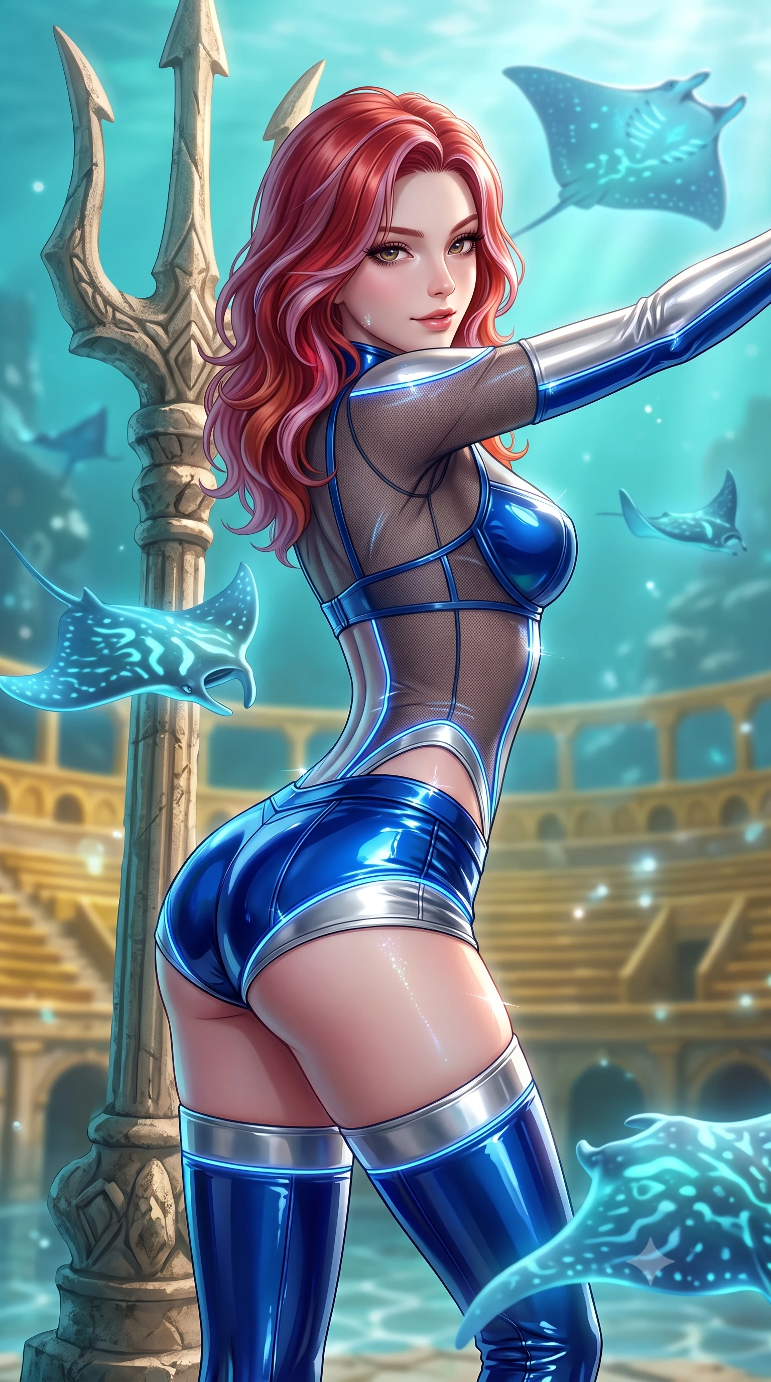 score_9, masterpiece, best quality, ultra-detailed, high-budget anime keyframe, semi-realistic 3D game render, editorial fashion photography, tasteful artistic composition, Caucasian woman. close-up cowboy shot from the waist and thighs up, the character dominates the composition, filling the frame with her large presence. stretching forward with an alluring arch of her spine, glancing over her shoulder with thick eyelashes and a smoldering half-smile while pivoting dynamically beside a colossal carved trident pillar surrounded by swimming bioluminescent manta rays. The composition keeps background elements in soft focus with creamy bokeh. sunken golden amphitheatre tiers and water caustics softened in luminous shallow depth of field. She has an exceptionally elegant, slender, and willowy female figure with an ultra-slim waist, a gracefully sculpted slender torso, toned flat midriff, and a refined slim silhouette. sharp v-shaped jawline, high-bridge nose, intricate jewel-like eyes with depth, thick eyelashes, glossy lips with a natural sheen, flawlessly proportioned anatomical accuracy, strict slender model proportions, natural body alignment, perfectly sculpted long slender limbs, ultra-slim waistline, clean dynamic posture without body distortion. wearing a delicate see-through dark mesh top with structured cup boning, paired with high-cut micro-shorts and thigh-high stockings in liquid electric cobalt blue and polished silver, formed from high-gloss patent material with specular light reflections, accented with glowing fiber-optic seams tracing her collarbones and hip curves, the liquid-tight tailored fabric emphasizing every curve of her tall, slender model proportions and sculptured silhouette during dynamic movement. illuminated by soft turquoise ambient fill and sparkling specular highlights tracing her slender curves. highly saturated vibrant anime colors, detailed shading with soft gradients, rich glossy textures, high-contrast stereoscopic depth, volumetric dynamic lighting, master piece, 9:16 ratio