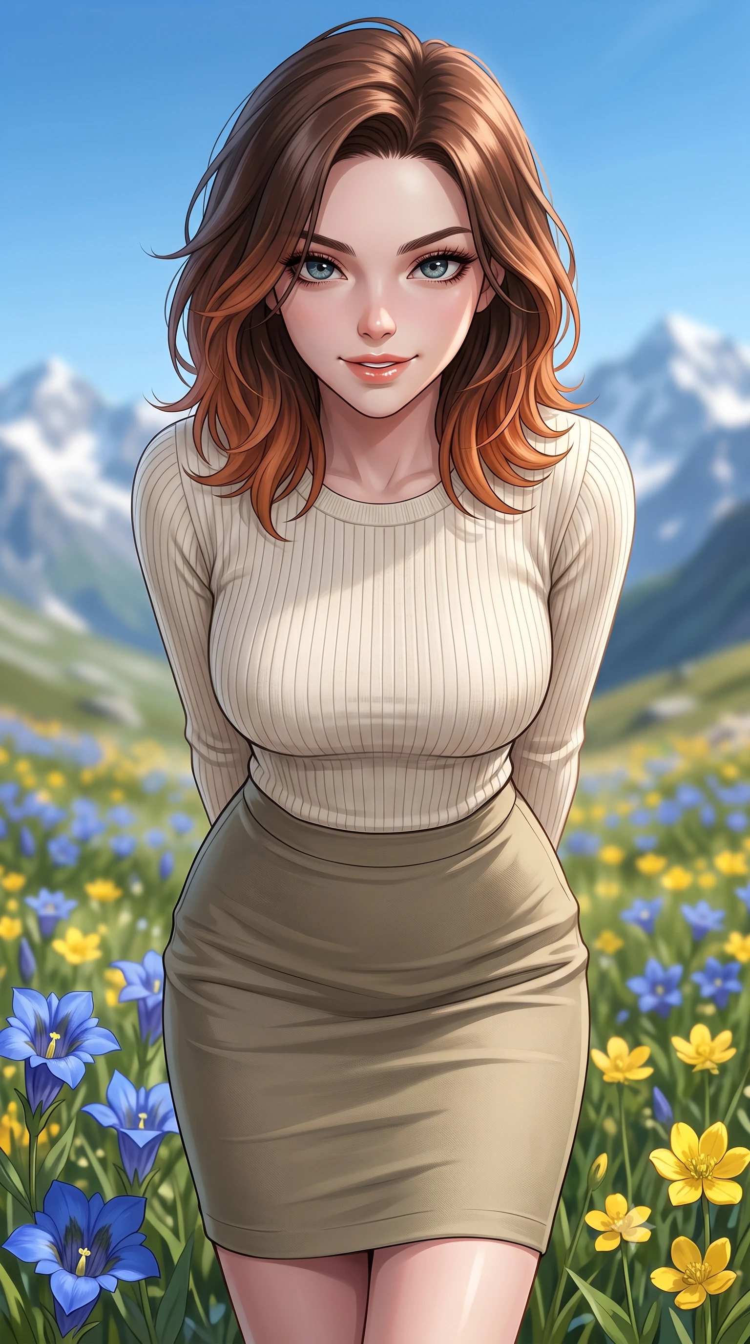 score_9, masterpiece, best quality, ultra-detailed, high-budget anime keyframe, editorial fashion photography, tasteful artistic composition, Korean woman woman. close-up cowboy shot from the waist and thighs up, the character dominates the composition, filling the frame with her large presence, background elements kept in soft focus. leaning slightly forward with a playful, teasing smile, her gaze locked onto the viewer the background shows a soft-focus a high mountain meadow filled with rare blue and yellow flowers under a crisp blue sky. She has an exceptionally elegant, slender, and willowy female figure with an ultra-slim waist, a gracefully sculpted slender torso, and a refined silhouette. sharp v-shaped jawline, high-bridge nose, intricate jewel-like eyes with depth, thick eyelashes, glossy lips with a natural sheen. wearing a slim-fit body-hugging knit top in cream paired with a form-fitting khaki pencil skirt. bright, clear high-altitude sunbeams highlighting the fresh air and snow peaks. 2k, ultra detail, master piece, 9:16 ratio