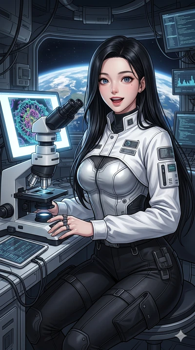 score_9, masterpiece, best quality, ultra-detailed, high-budget anime keyframe, Korean woman. Upper body close-up from the thighs up, character filling the screen for maximum presence. Inside an orbital research lab, looking through a digital microsc